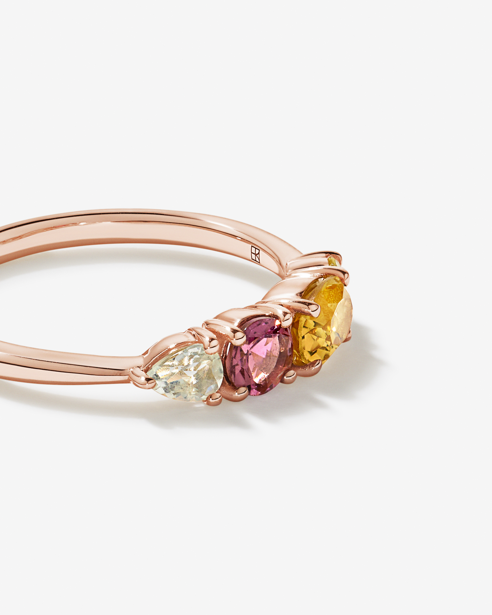 Anneau multi-gemmes en améthyste verte, tourmaline rose, citrine orange et quartz citron or rose 10 carats
