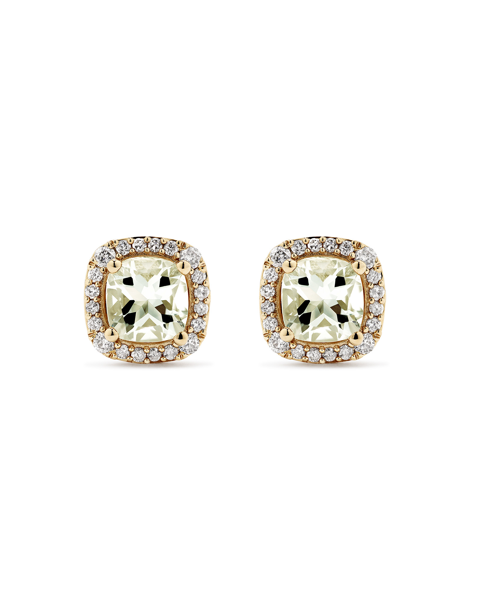Boucles D'Oreilles Halo Avec Pierre Précieuse Améthyste Verte Taille Coussin Et 0,32 Carat Pt De Diamants En Or Jaune 10 Ct