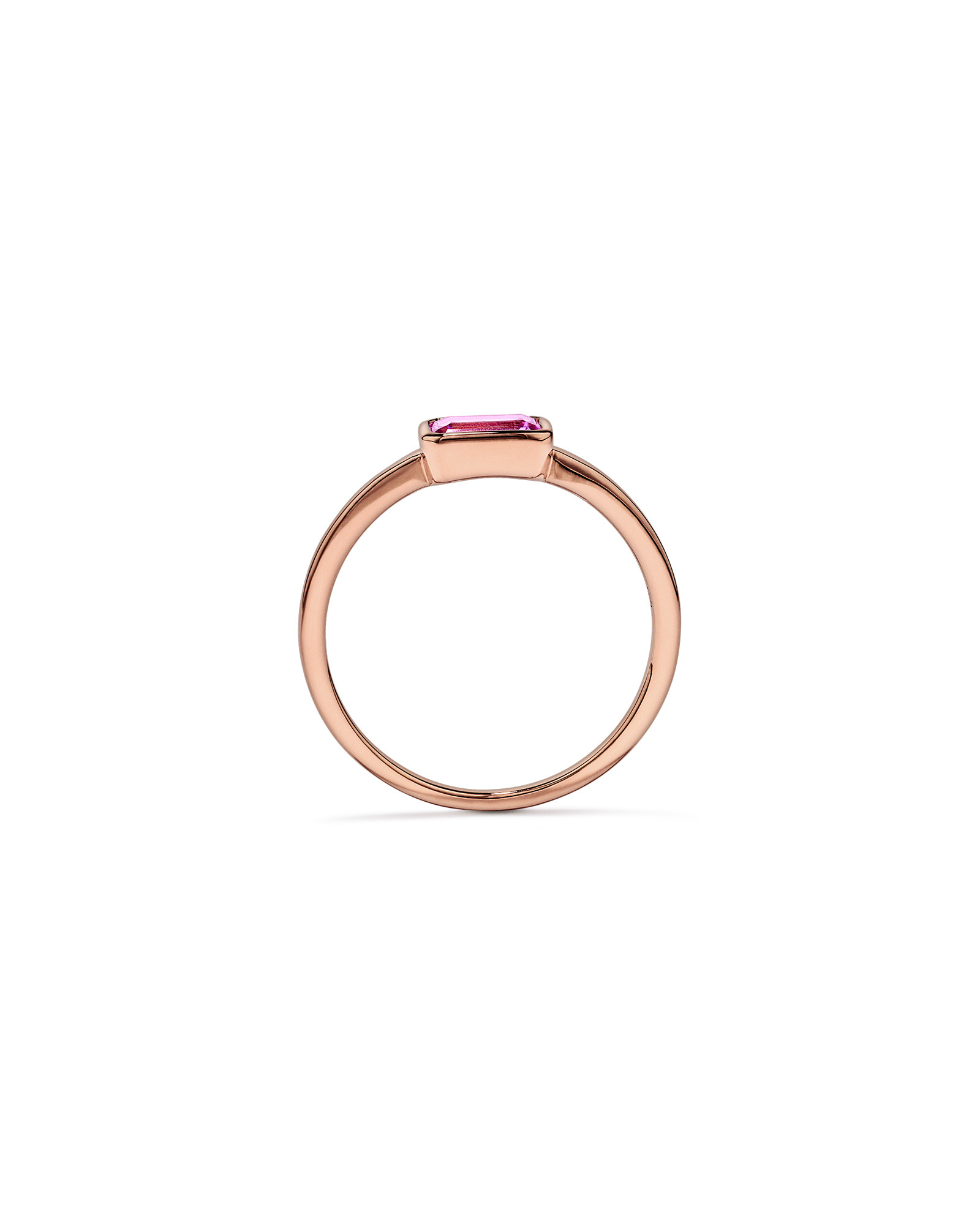 Emerald Cut Pink Created Sapphire East-to-West Set Bezel Ring 10kt Rose Gold