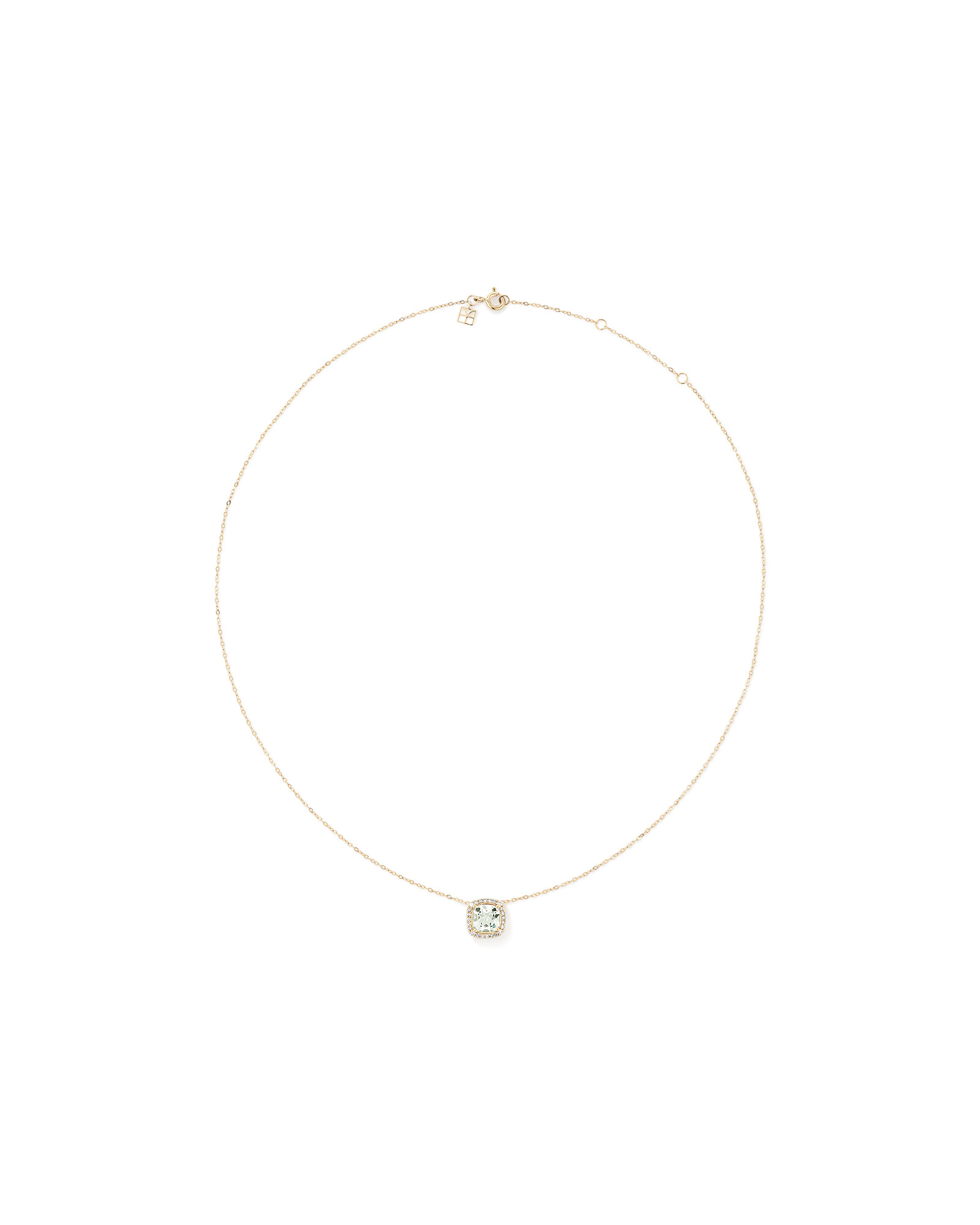 Cushion Cut Green Amethyst Gemstone and 0.15 Carat TW Diamond Halo Pendant Necklace in 10kt Yellow Gold