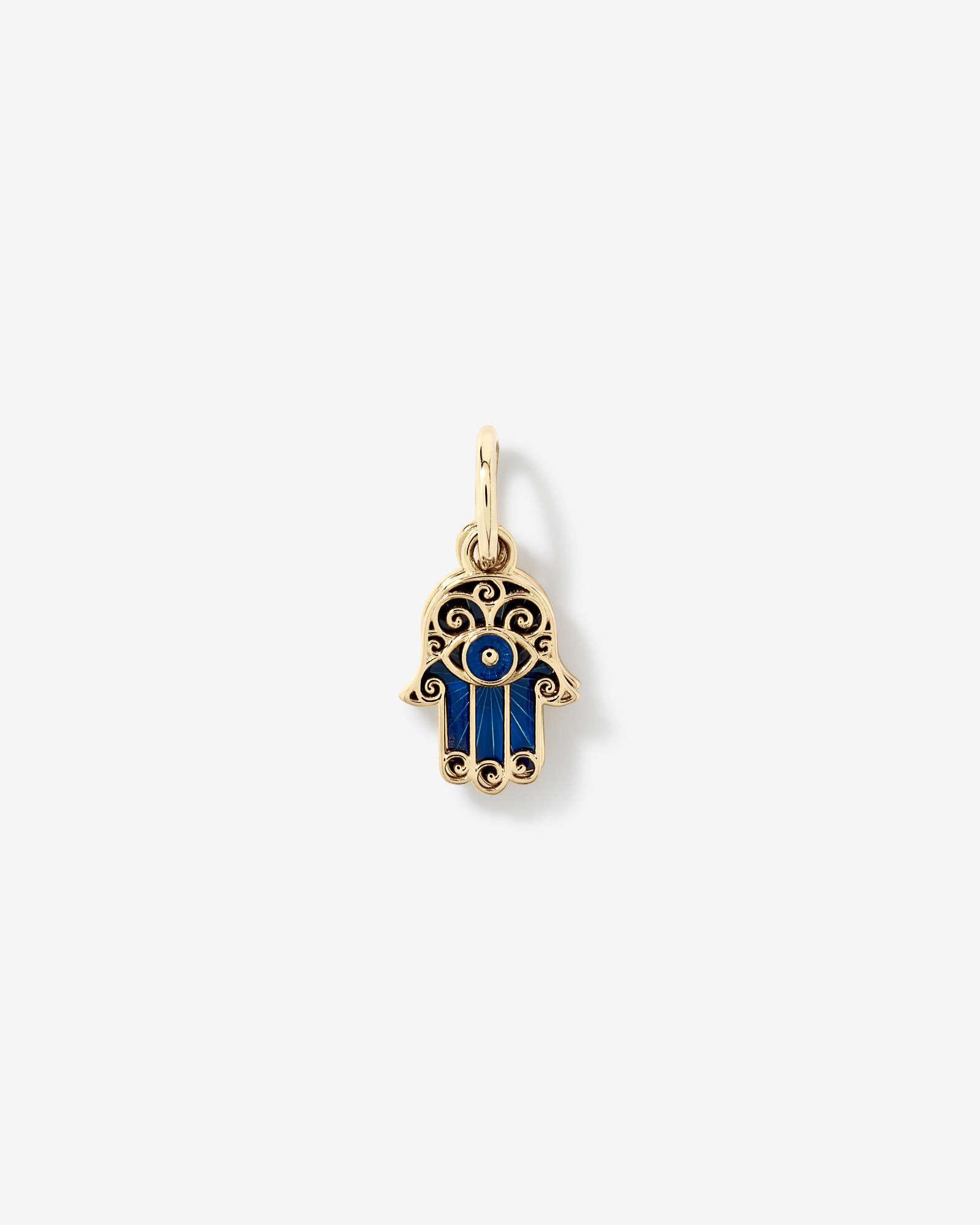 Hamsa Pendant with Blue Enamel Evil Eye in 10kt Yellow Gold