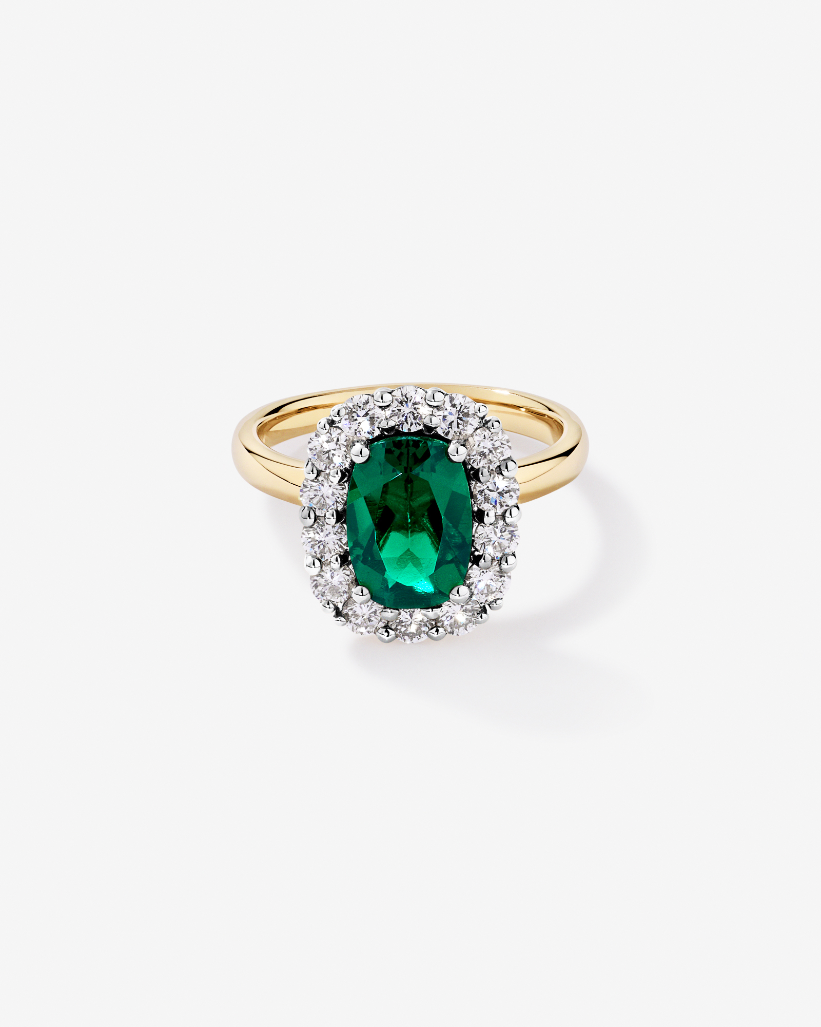 Création de la bague halo en diamant Emerald & 0,96 Carat TW cultivée laboratoire or jaune et blanc 10 carats