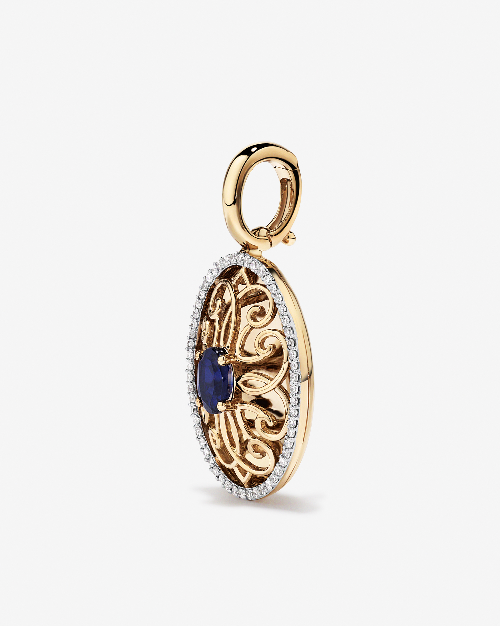 Blue Created Sapphire Gemstone and Diamond Halo Filigree Oval Enhancer Pendant in 10kt Yellow Gold
