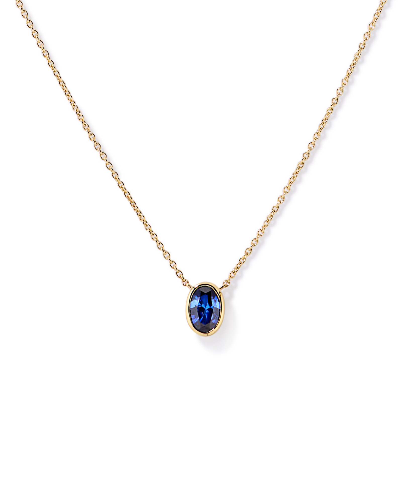 Oval Blue Created Sapphire Bezel Necklace in 10kt Yellow Gold