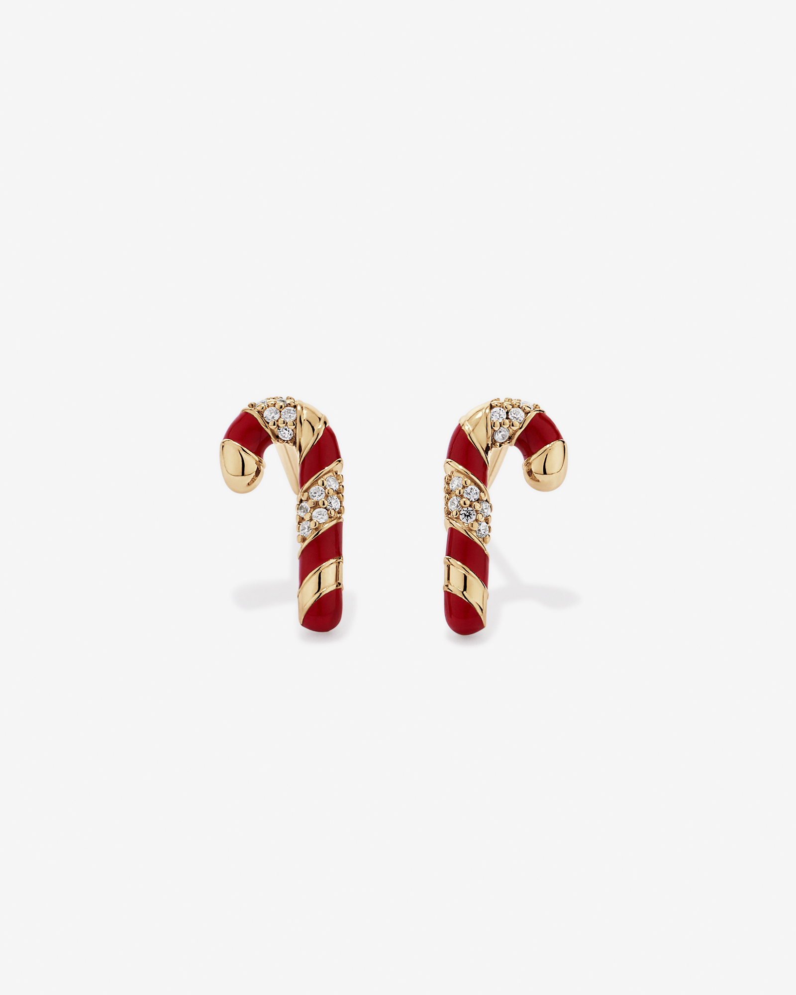 Christmas Candy Cane Stud Earrings with Cubic Zirconia in 18kt Yellow Gold Vermeil