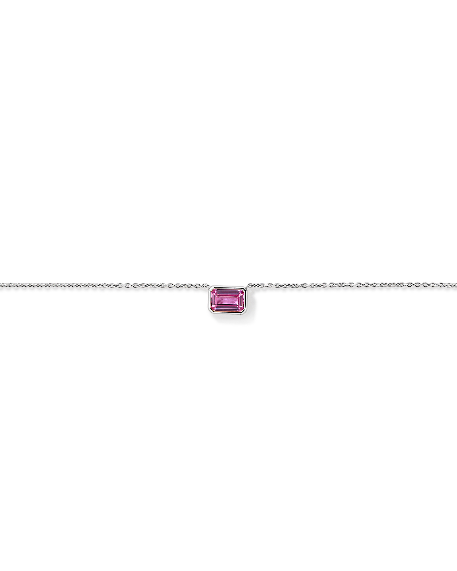 Emerald Cut Pink Created Sapphire East-to-West Set Bezel Necklace with Chain in 10kt Gold