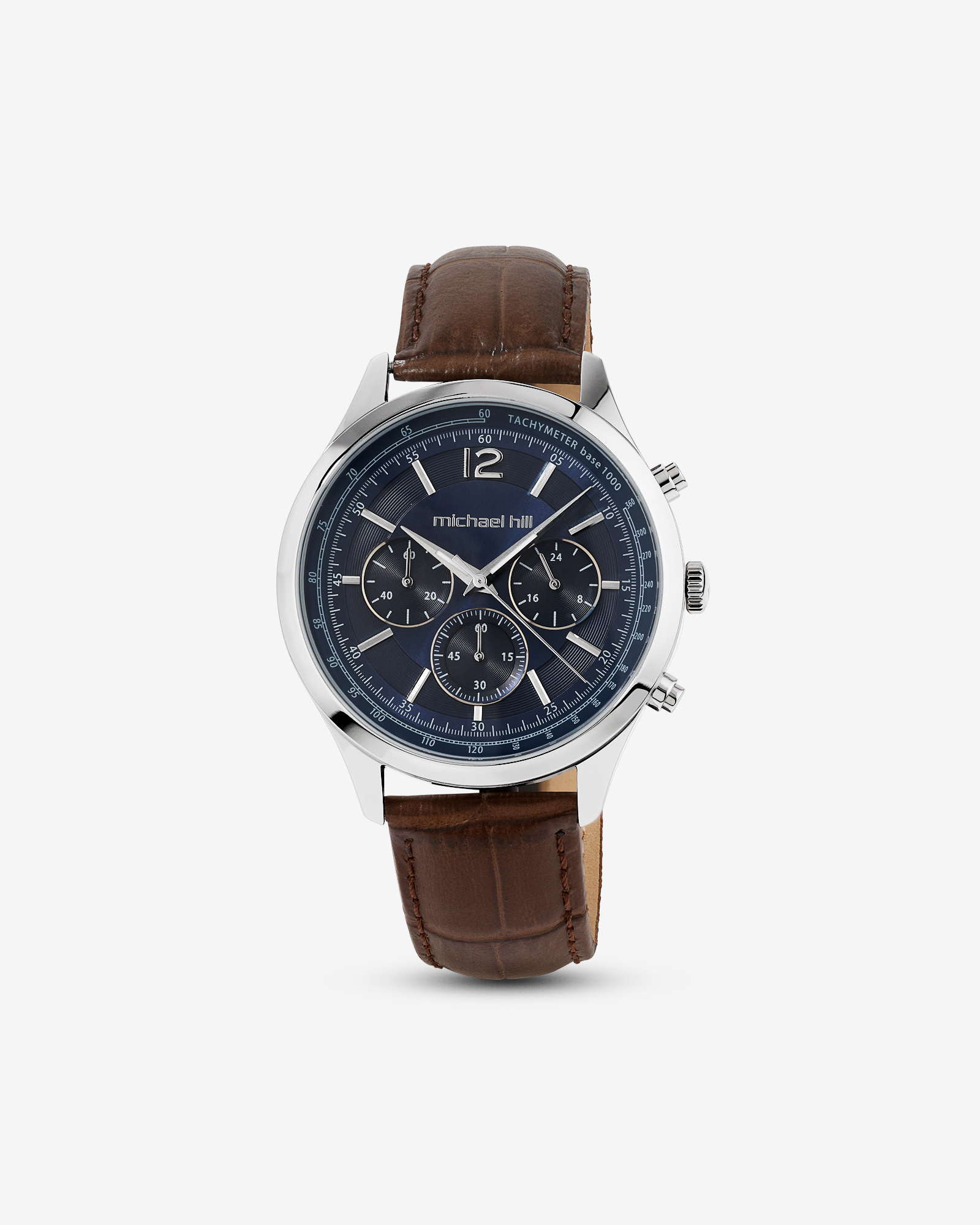 Montre chronographe en acier inoxydable et en cuir brun pour homme