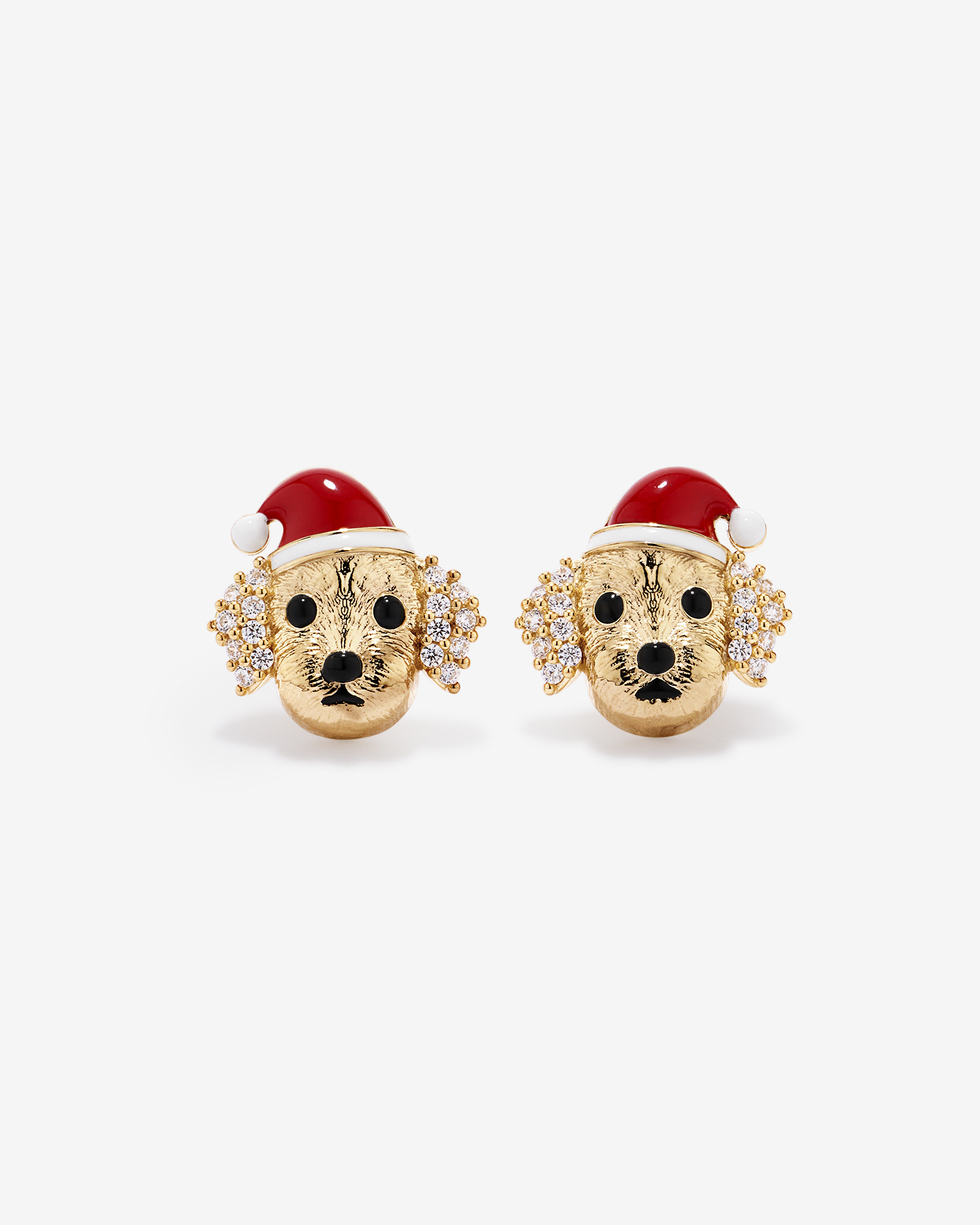 Christmas Puppy Stud Earrings with Cubic Zirconia in 18kt Yellow Gold Vermeil