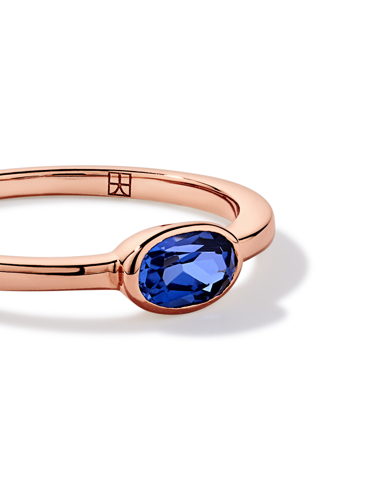 Oval Blue Created Sapphire East-to-West Set Bezel Ring 10kt Rose Gold