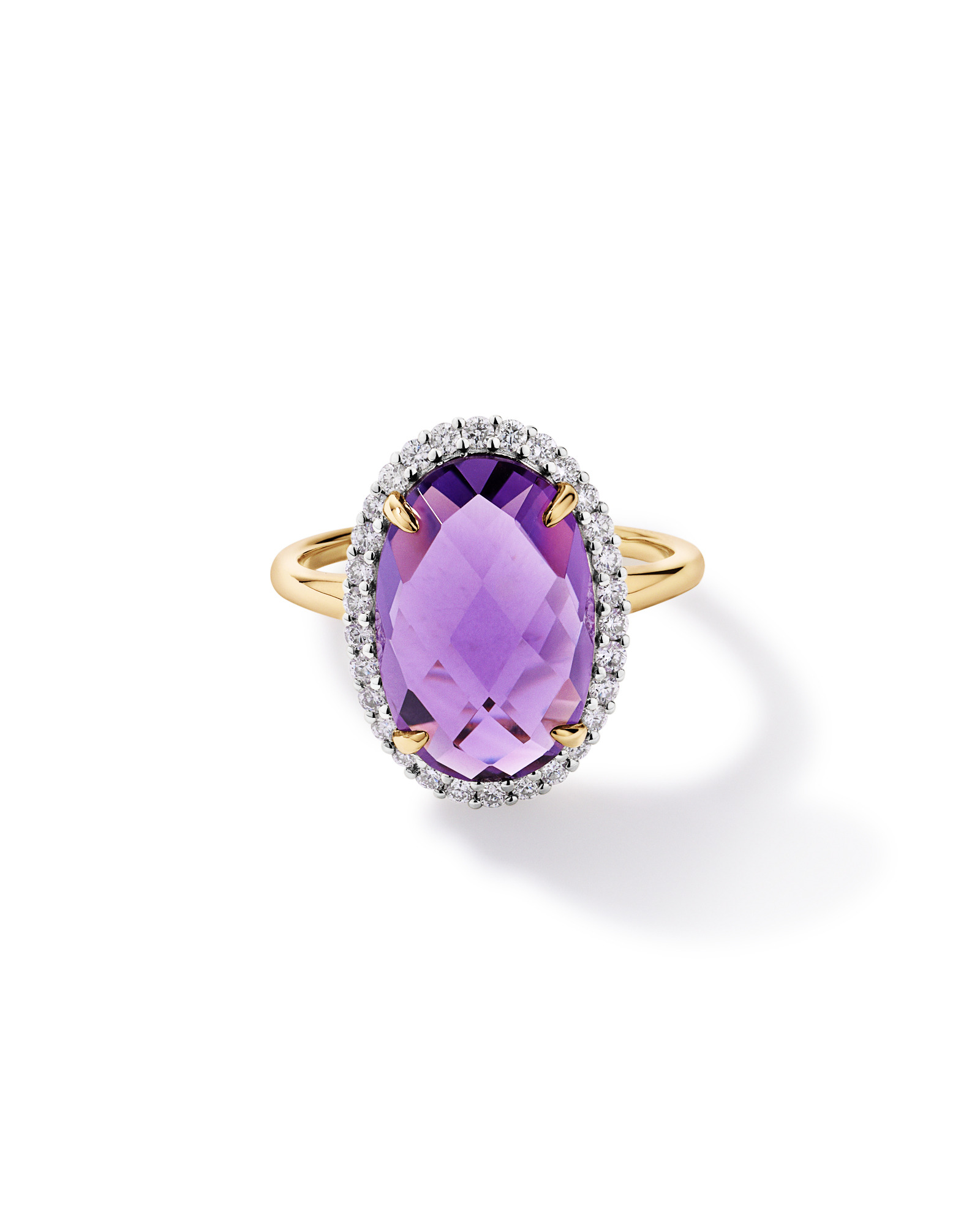 Oval Amethyst & 0.35 Carat TW Diamond Halo Ring 10kt Yellow Gold with Rhodium