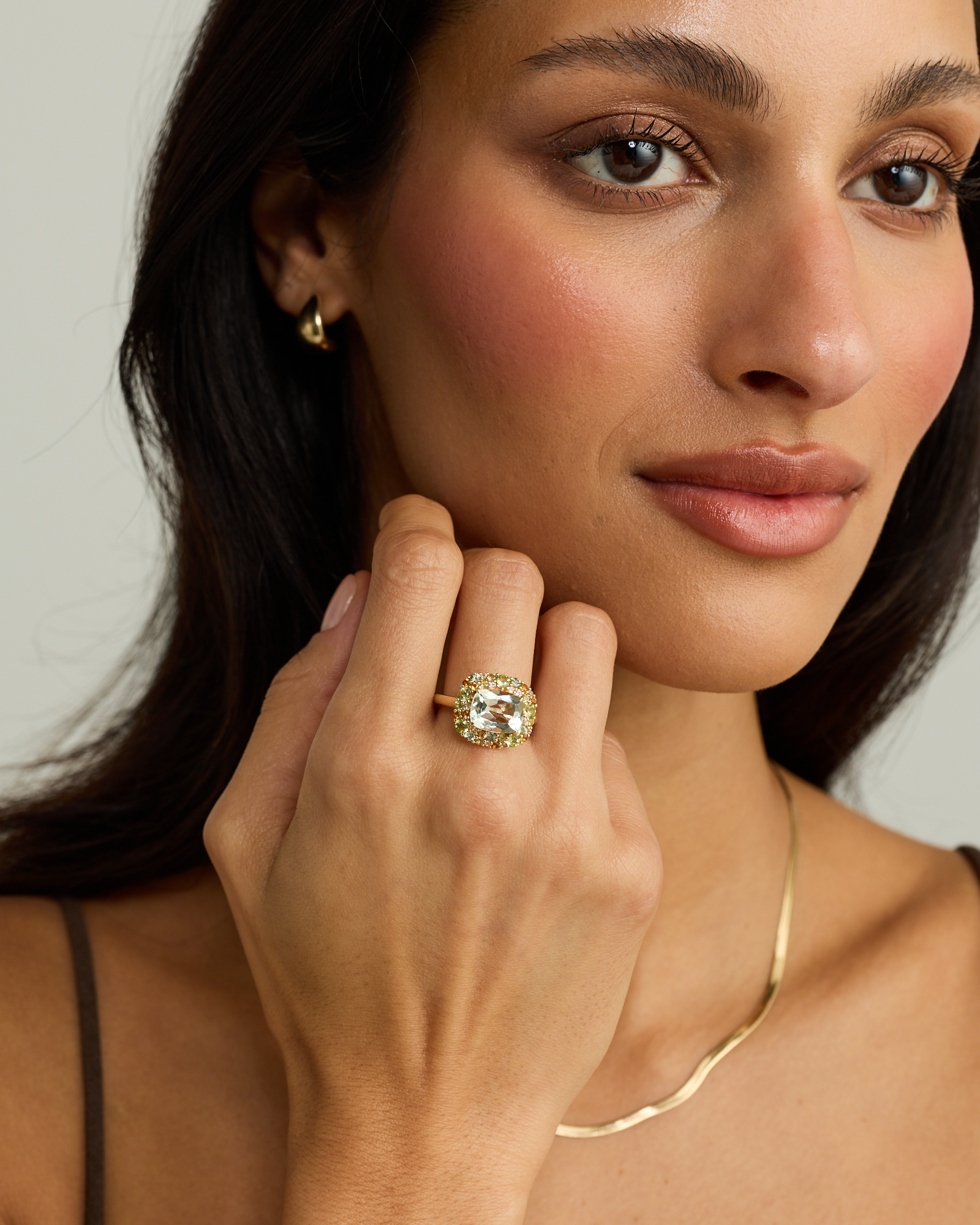 Green Amethyst, Peridot, Citrine & White Topaz Halo Ring 10kt Yellow Gold