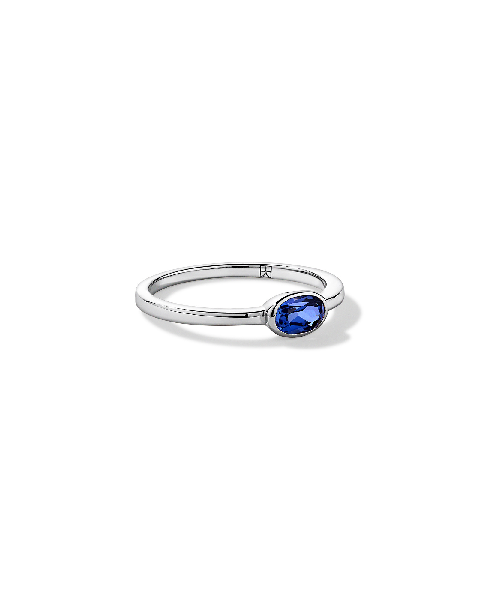 Oval Blue Created Sapphire East-to-West Set Bezel Ring 10kt Gold