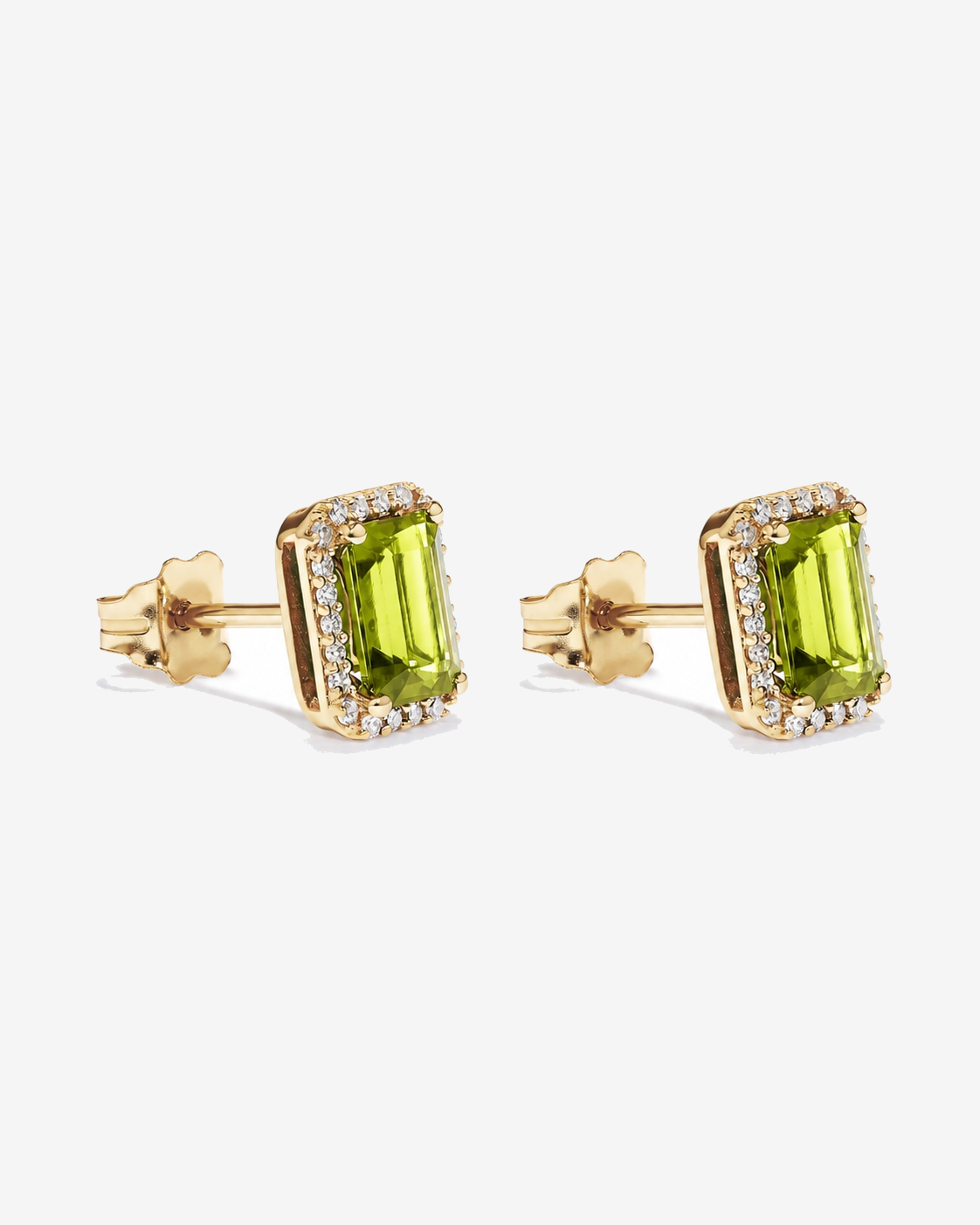 Emerald Cut Peridot and Diamond Halo Earrings in 10kt Yellow Gold
