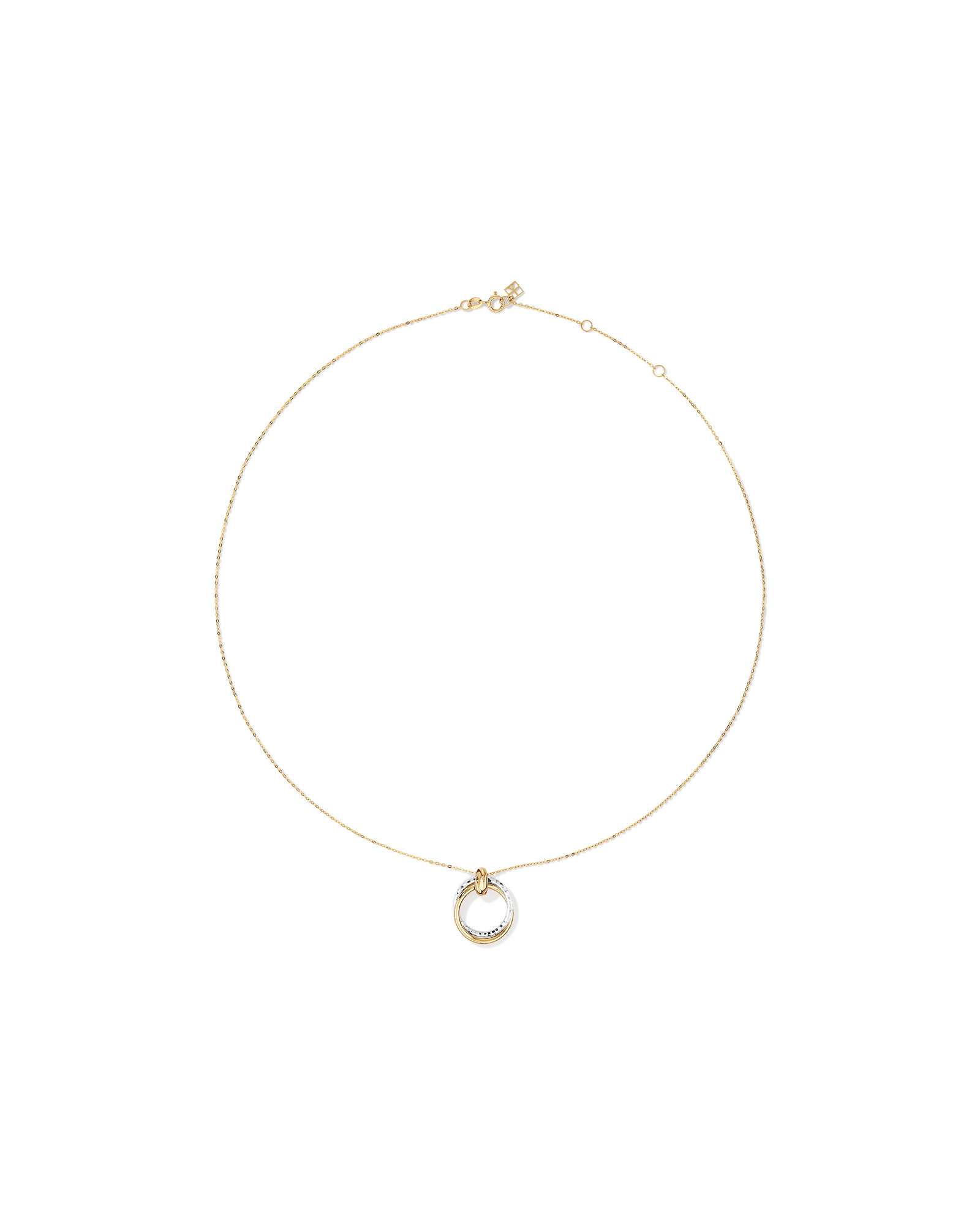 Collier pendentif à double cercle deux tons avec finition martelée en or blanc et jaune 10 kt