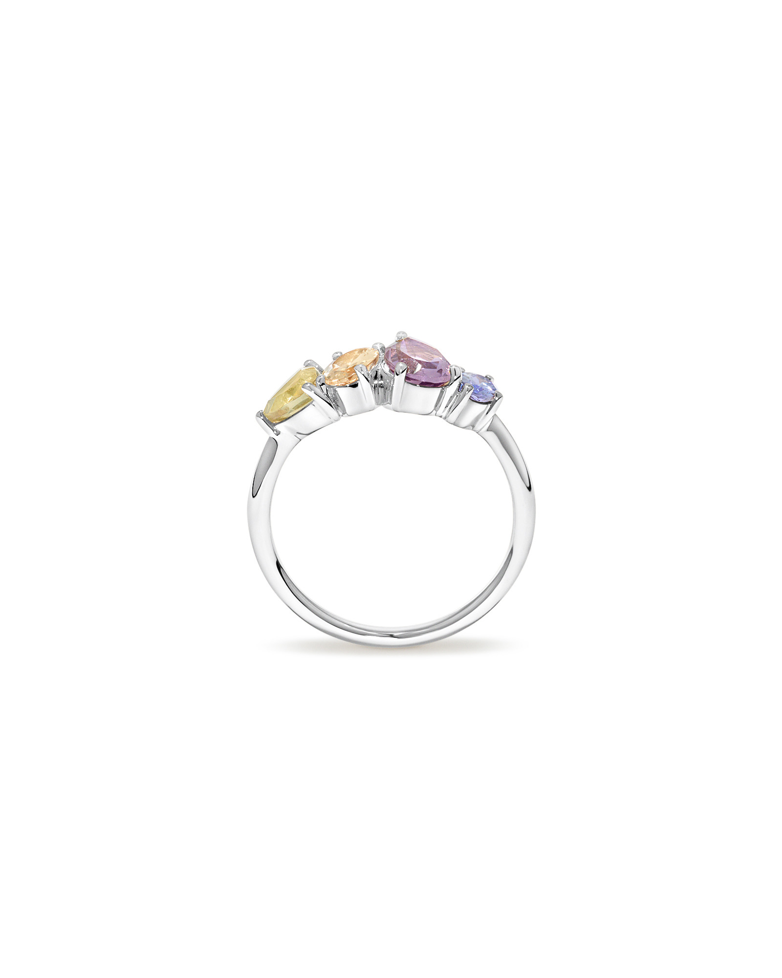 Anneau multi-gemmes en améthyste verte, morganite, rose et tanzanite or blanc 10 carats