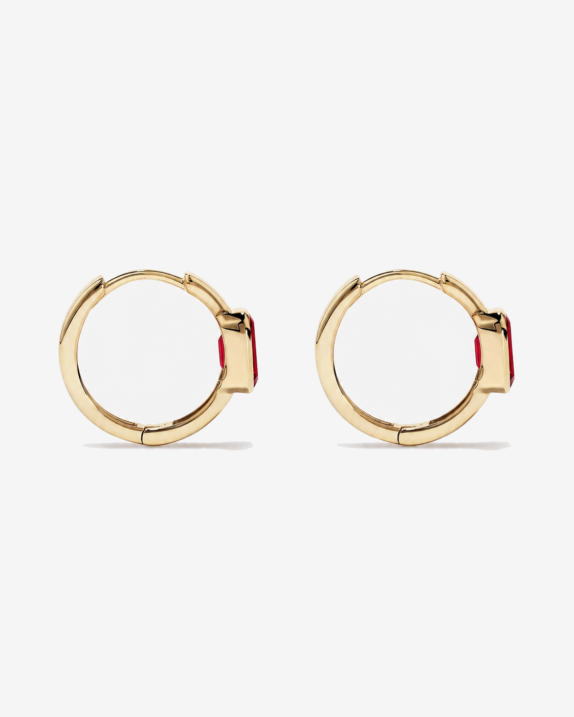 Created Ruby Bezel Huggie Earrings in 10kt Yellow Gold