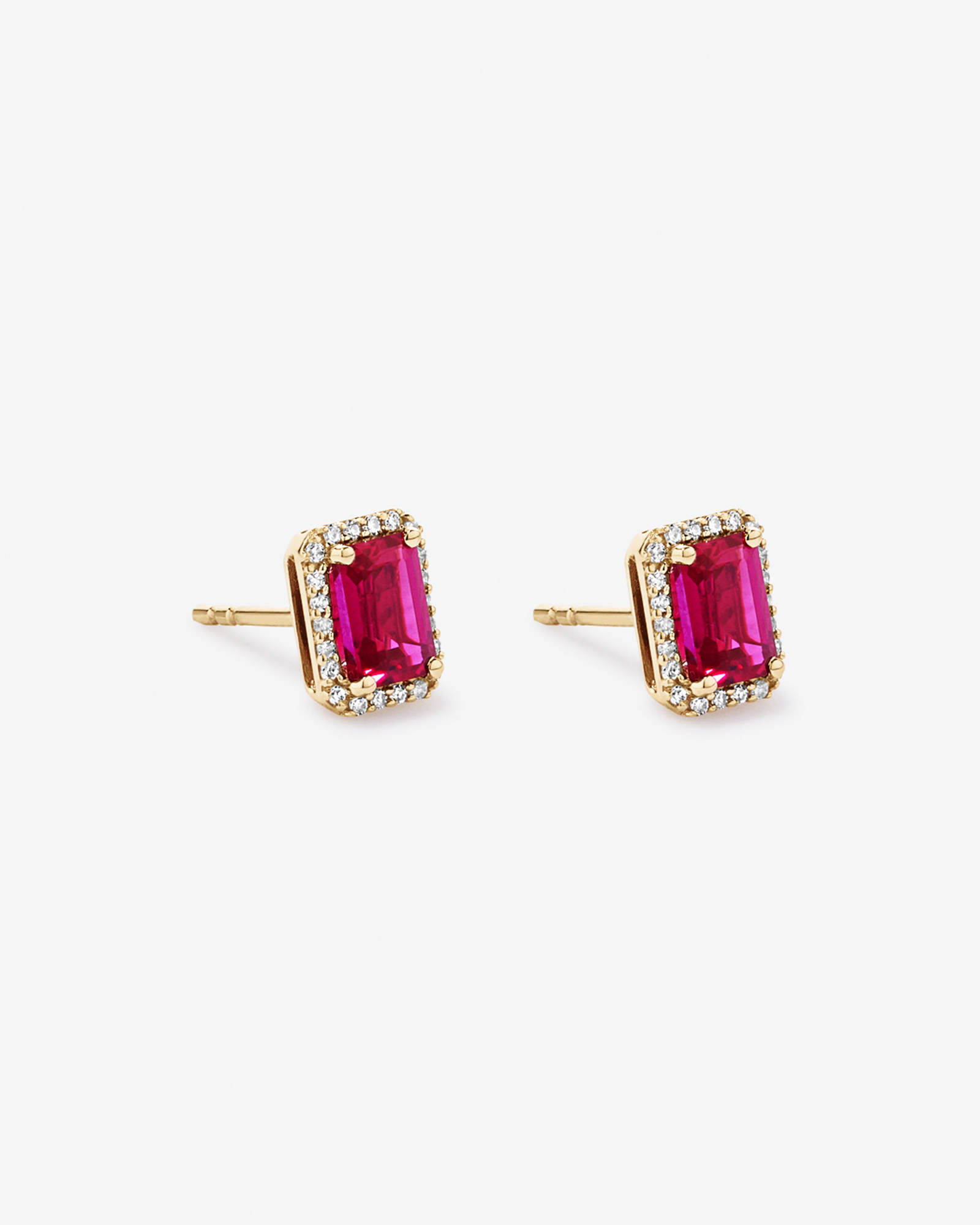 Emerald Cut Created Ruby and Diamond Halo Earrings in 10kt Yellow Gold