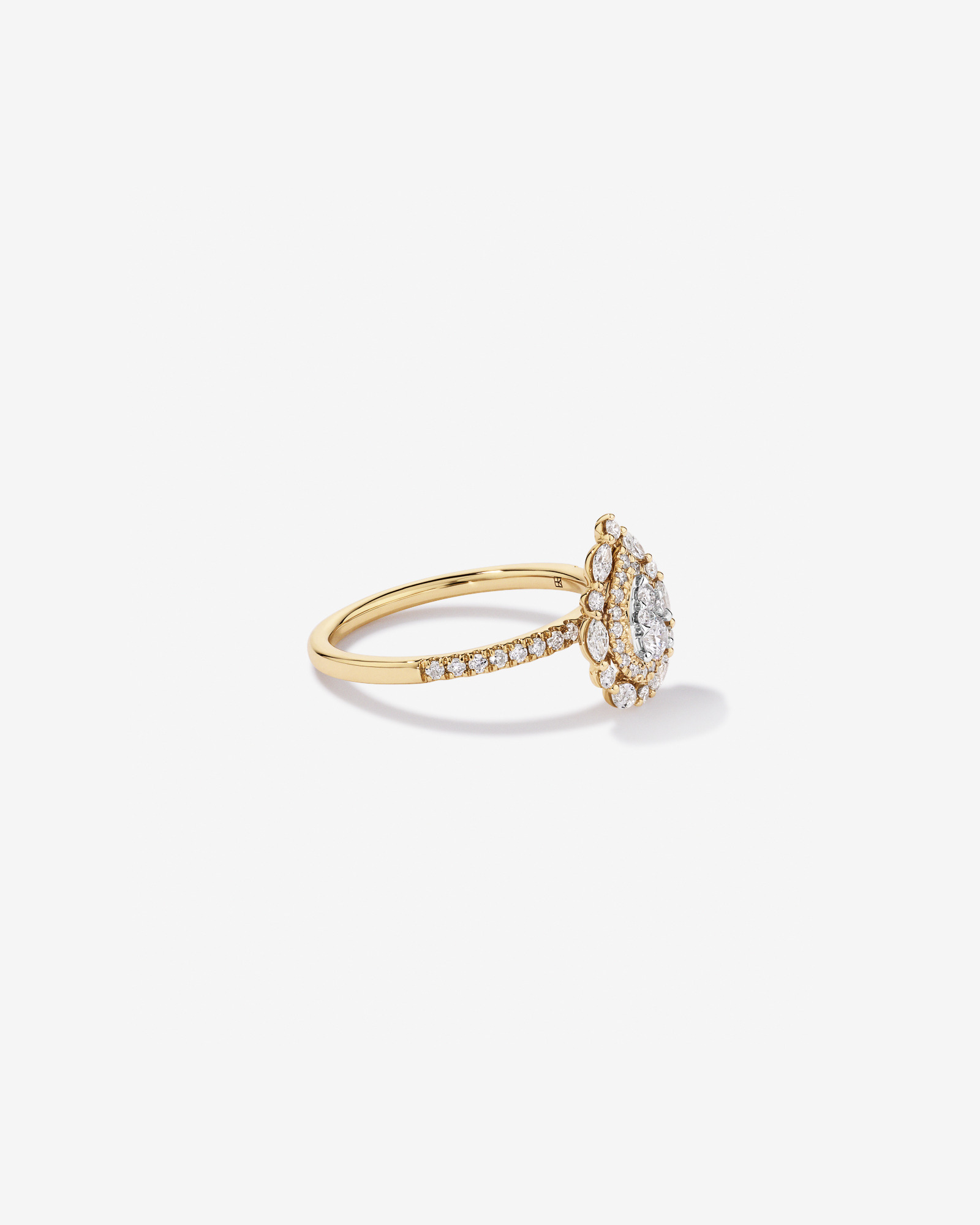 0.62 Carat TW Round Brilliant and Marquise Double Halo Cluster Diamond Ring 14kt Yellow Gold with Rhodium