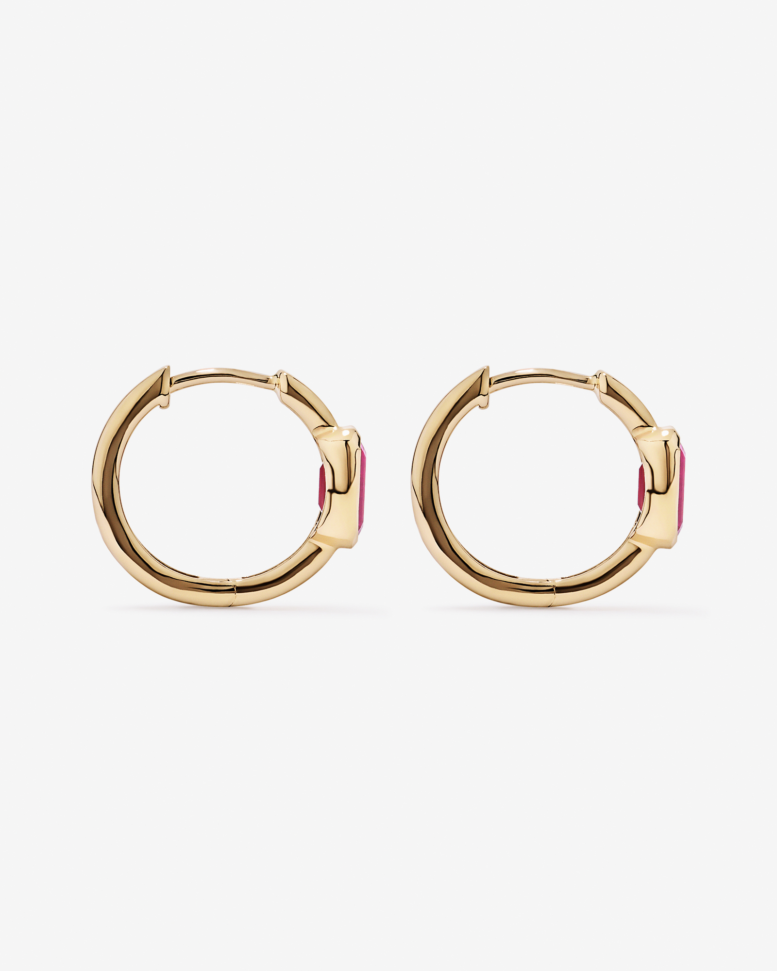 Created Ruby Bezel Huggie Earrings in 10kt Yellow Gold