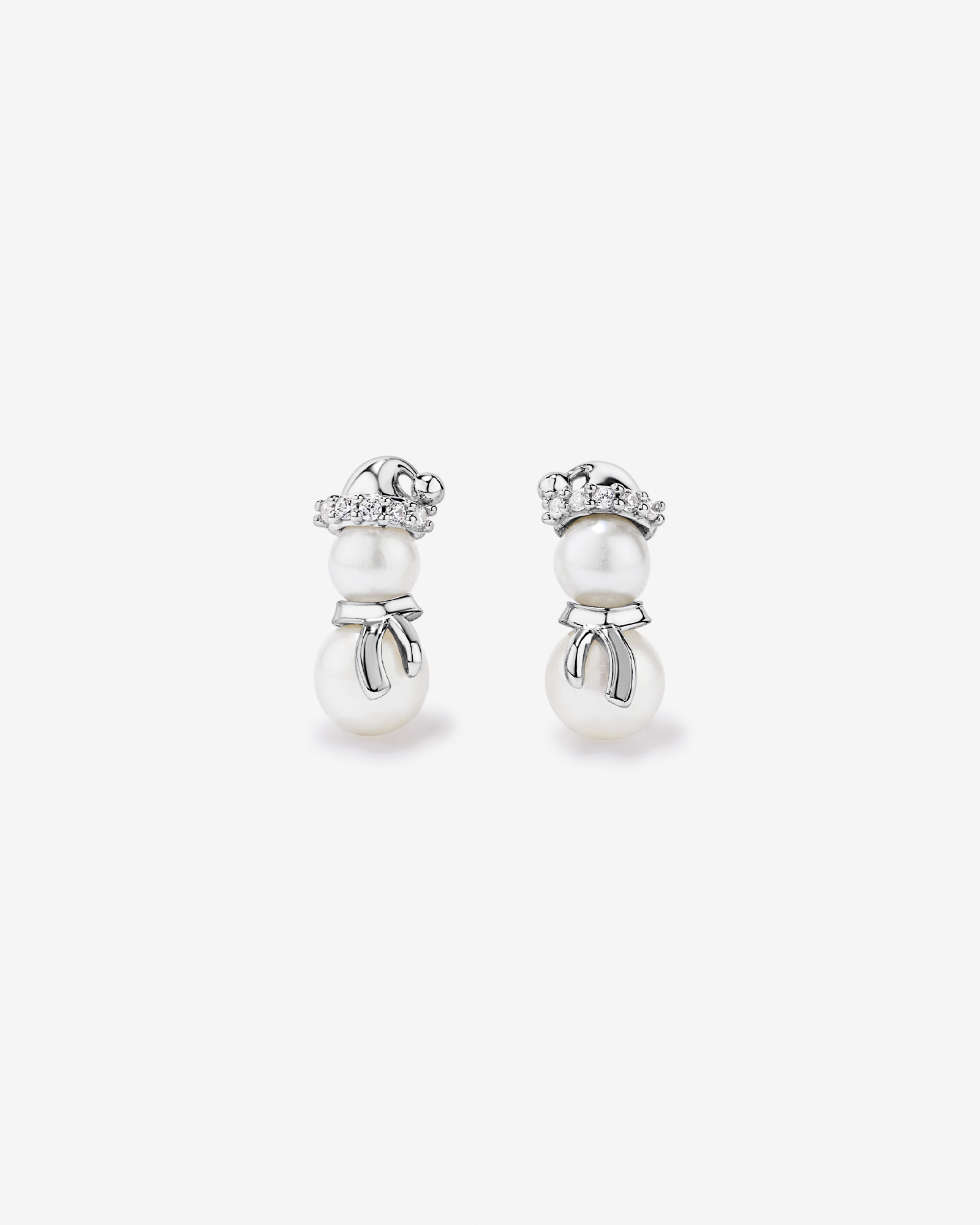 Cultured Freshwater Pearl and Cubic Zirconia Snowman Stud Earrings in Sterling Silver