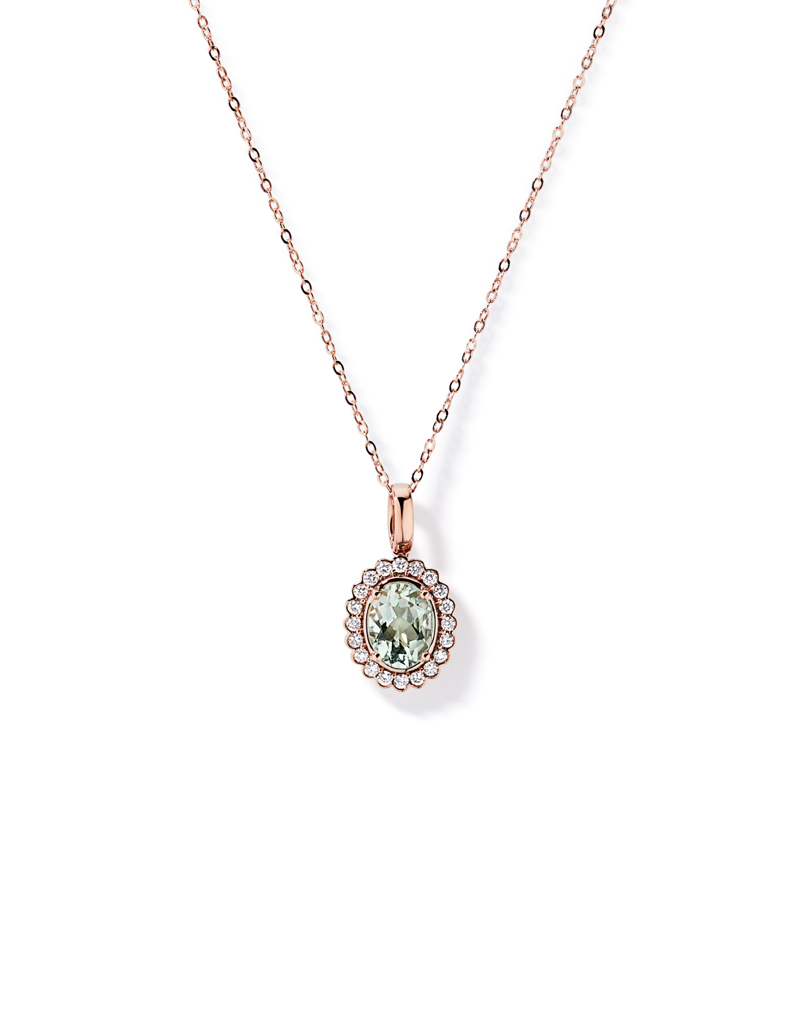 Green Amethyst & 0.20TW of Diamond Halo Pendant with Chain in 10kt Rose Gold