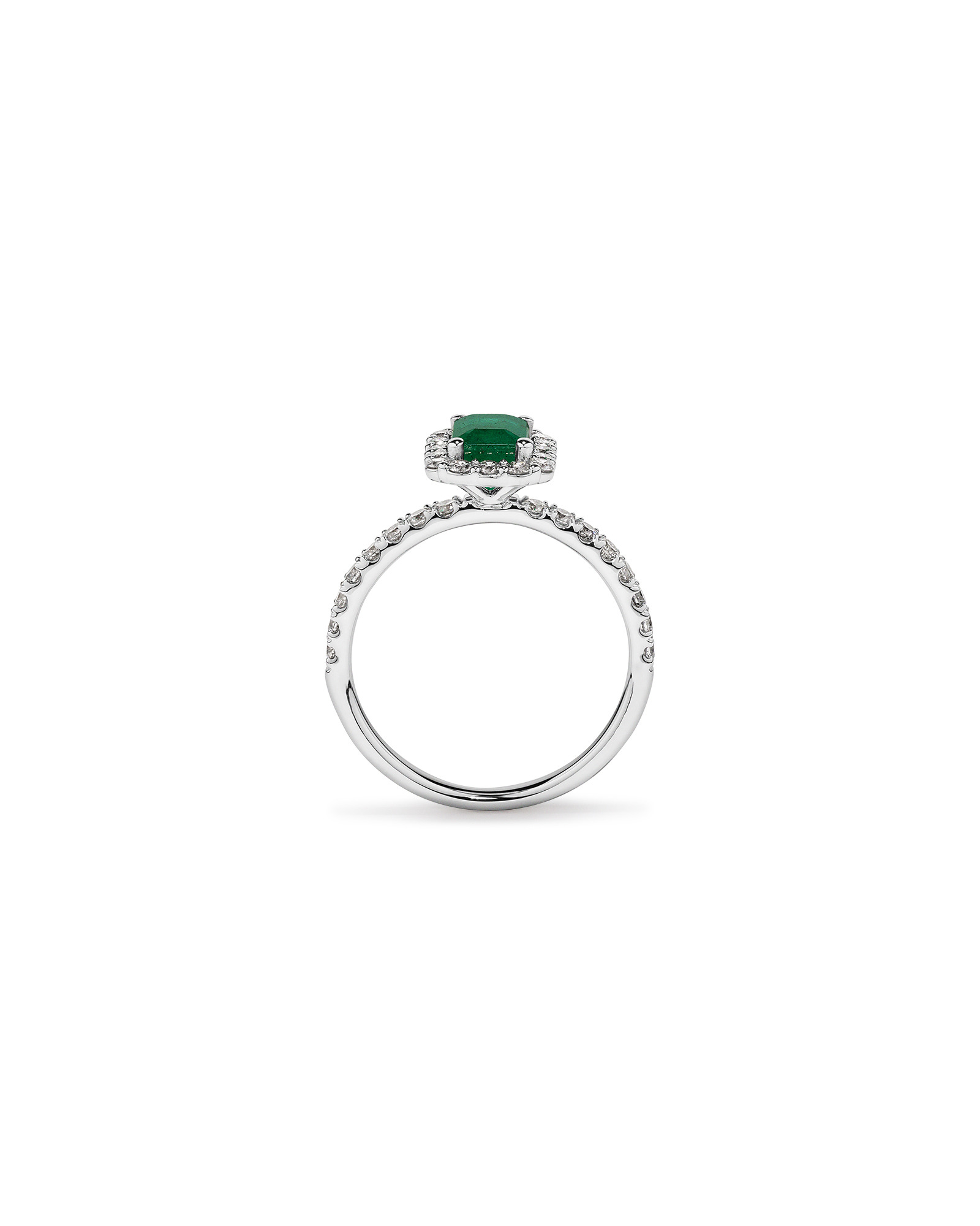 Bague Halo en Pierre Précieuse Émeraude Verte Taille Émeraude et 0,60 Carat TW Diamant en Or Blanc 14 kt