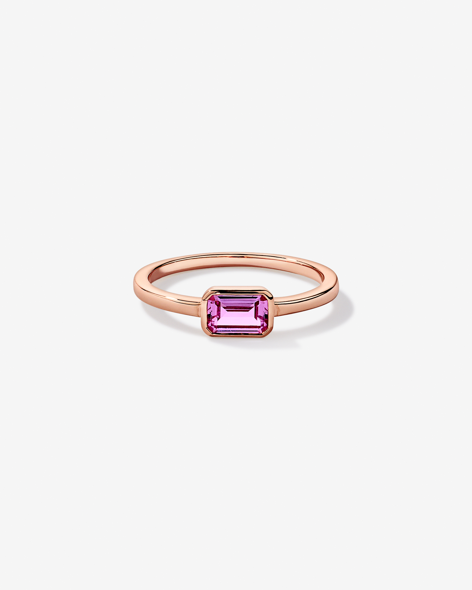 Emerald Cut Pink Created Sapphire East-to-West Set Bezel Ring 10kt Rose Gold