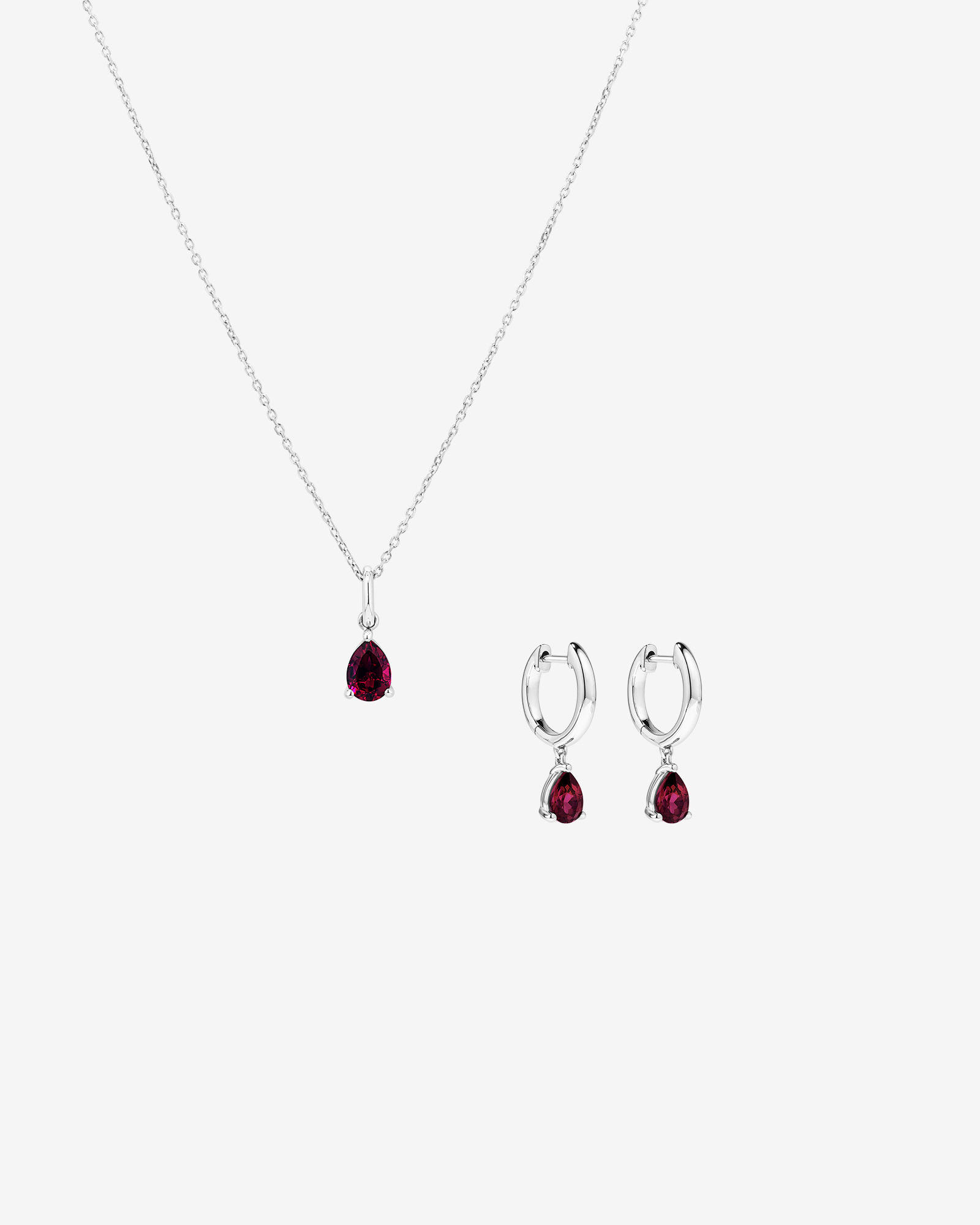 Pear Cut Created Ruby Pendant and Drop Earring Set in Sterling Silver