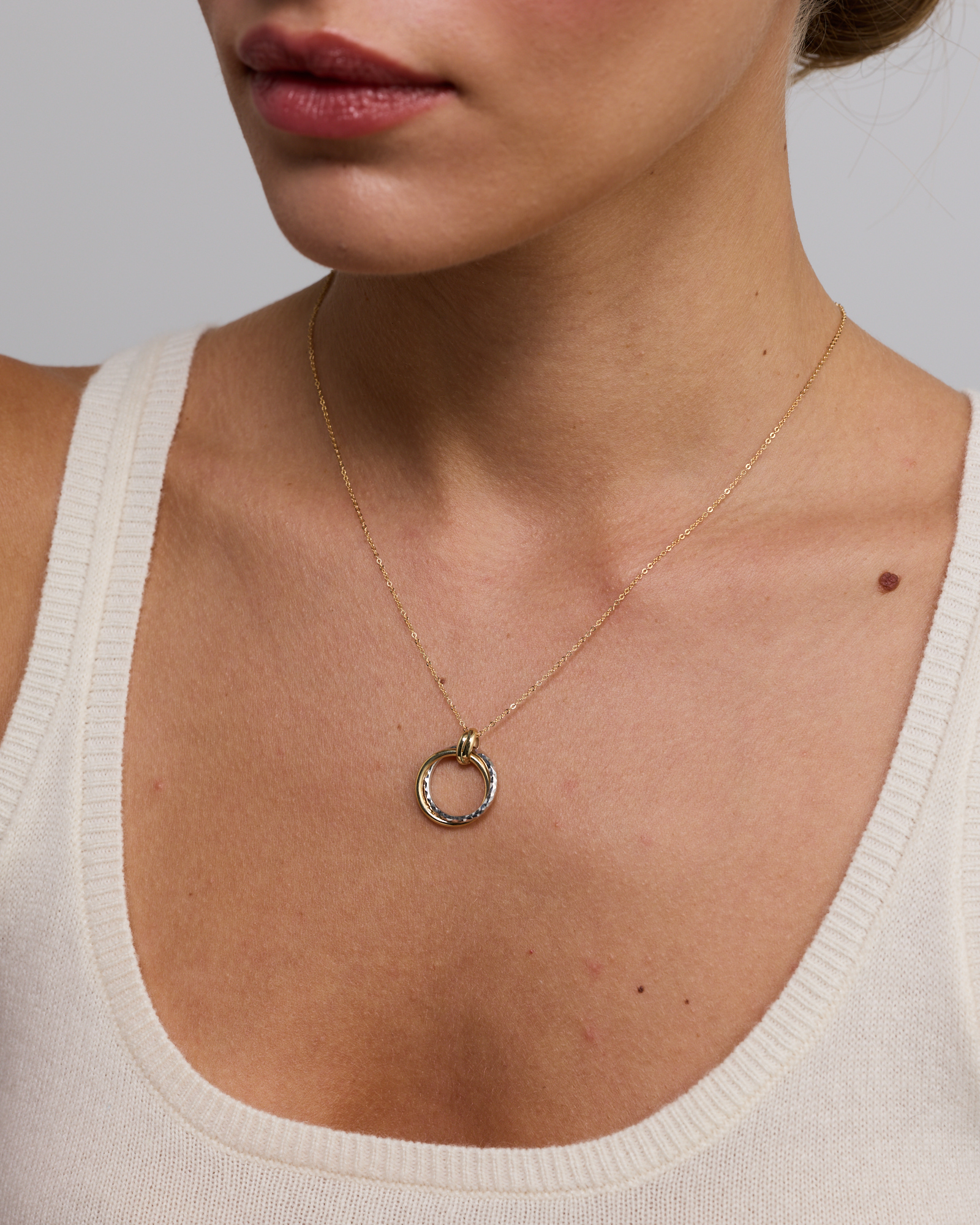 Two-Tone Double Circle Pendant Hammered Finish Necklace in 10kt White and Yellow Gold
