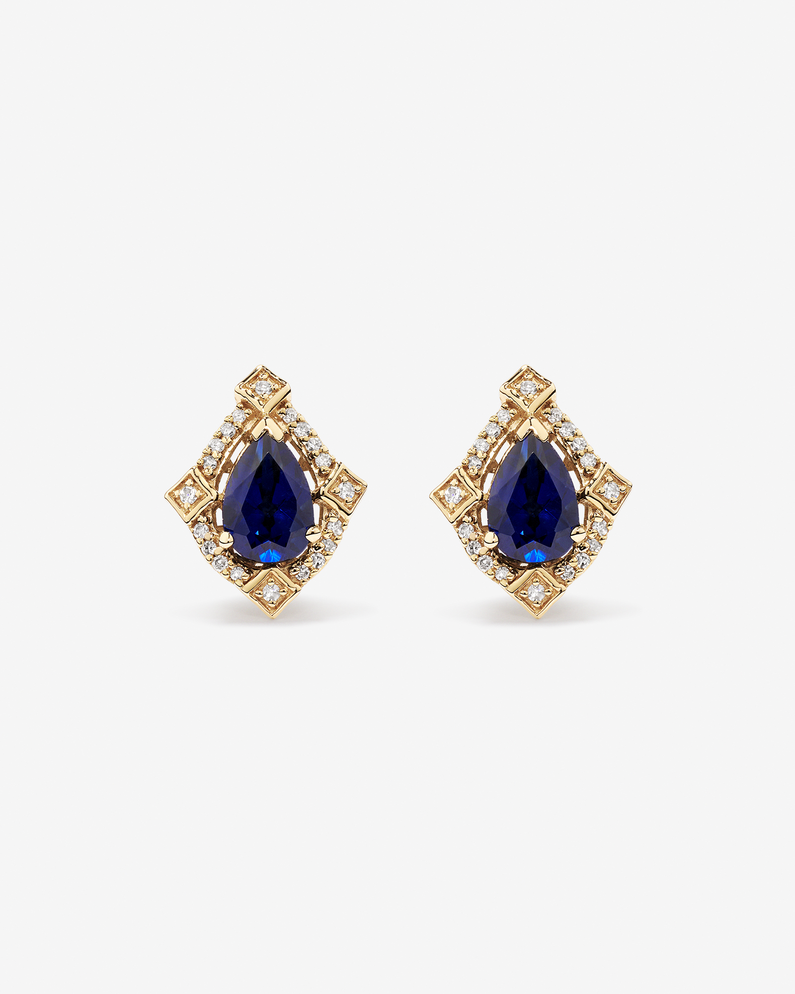 Pear Cut Created Sapphire and Diamond Halo Stud Earrings in 10kt Yellow Gold