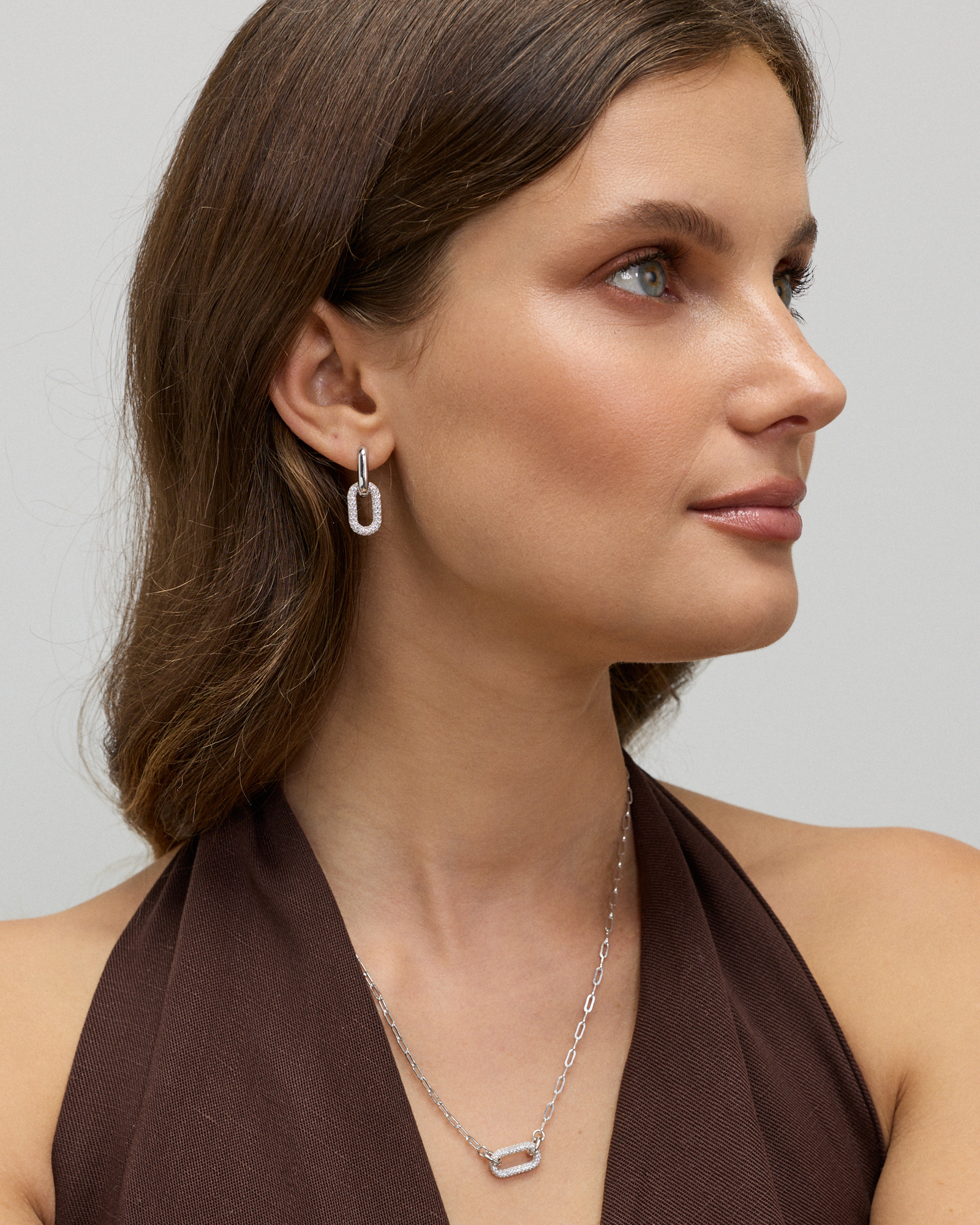 Pavé Paperclip Drop Huggie Earrings with Cubic Zirconia in Sterling Silver