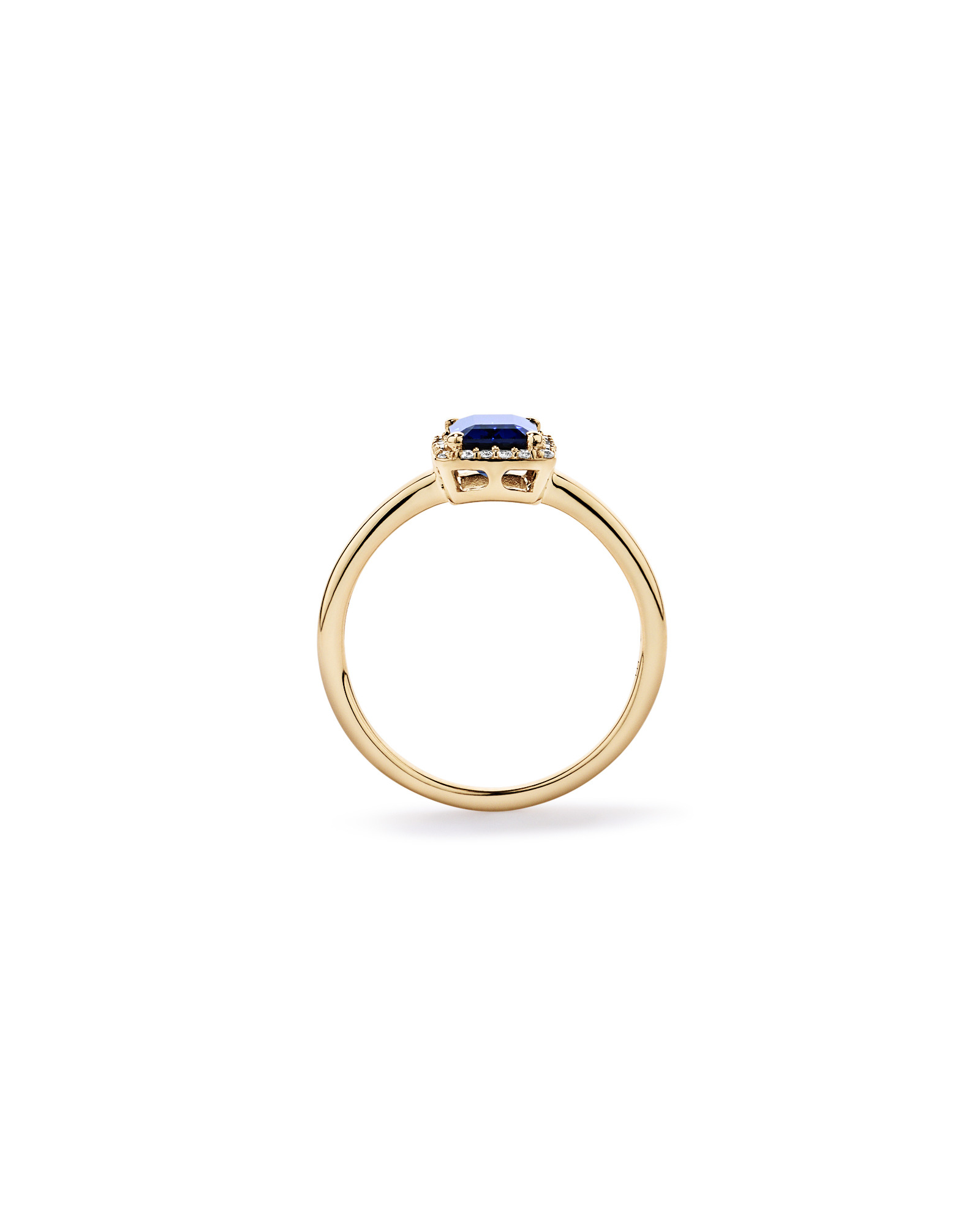 Emerald Cut Created Sapphire and Diamond Halo Ring 10kt Yellow Gold