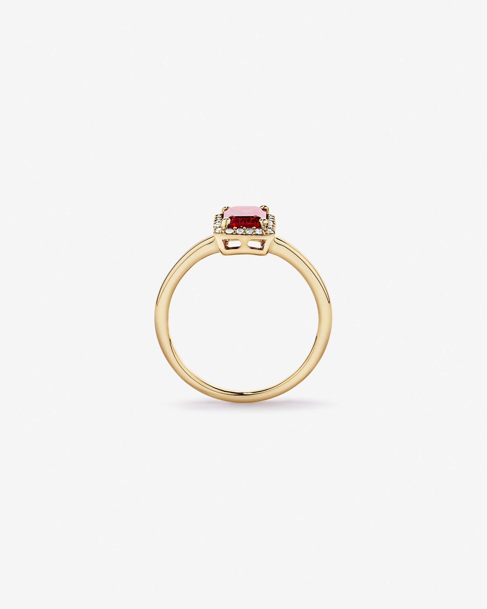 Emerald Cut Created Ruby and Diamond Halo Ring 10kt Yellow Gold