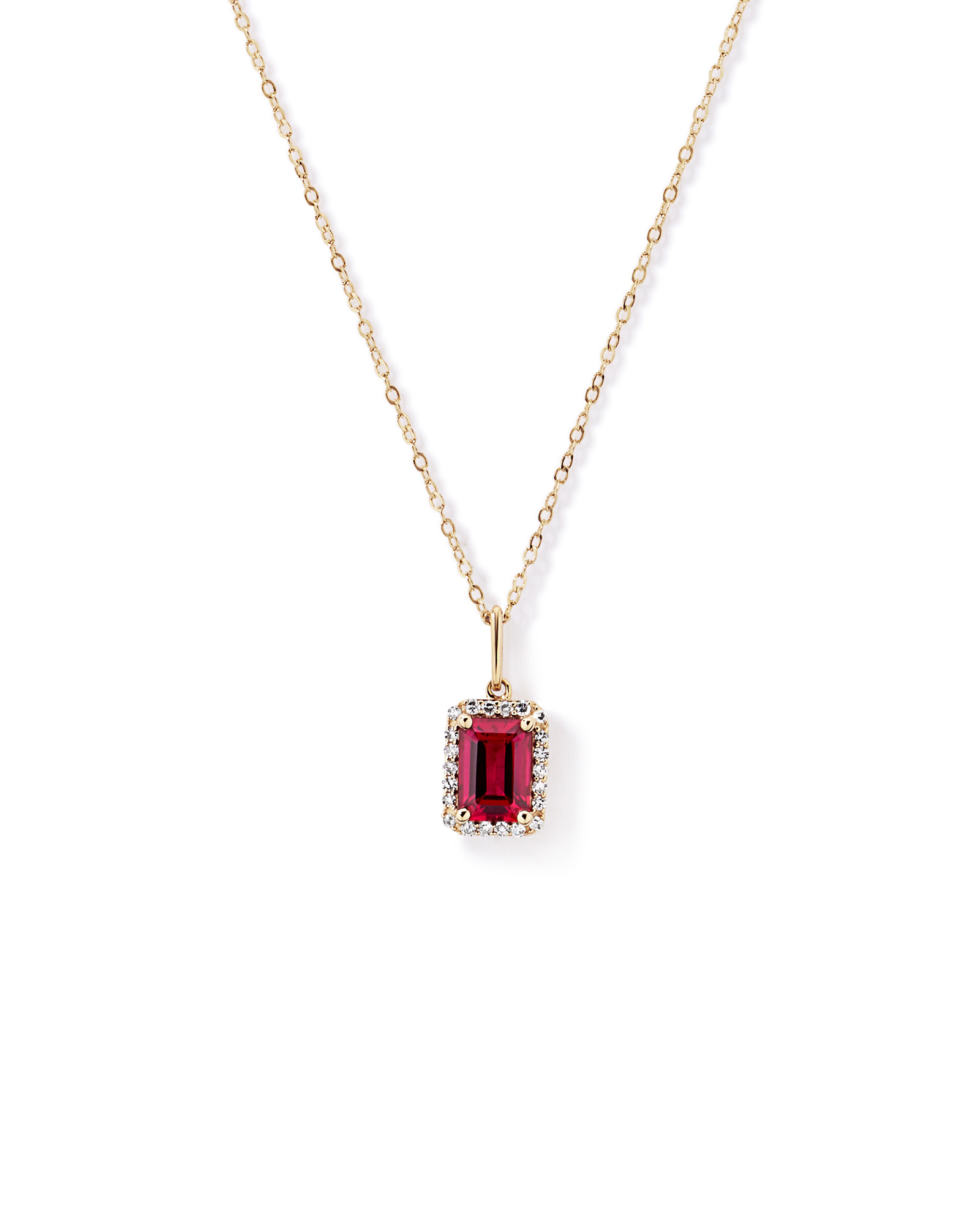 Emerald Cut Created Ruby and Diamond Halo Pendant with Chain in 10kt Yellow Gold