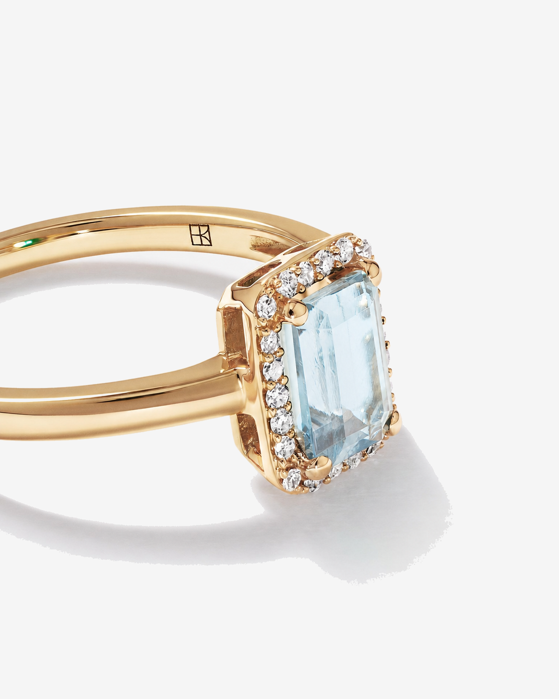 Emerald Cut Aquamarine and Diamond Halo Ring 10kt Yellow Gold