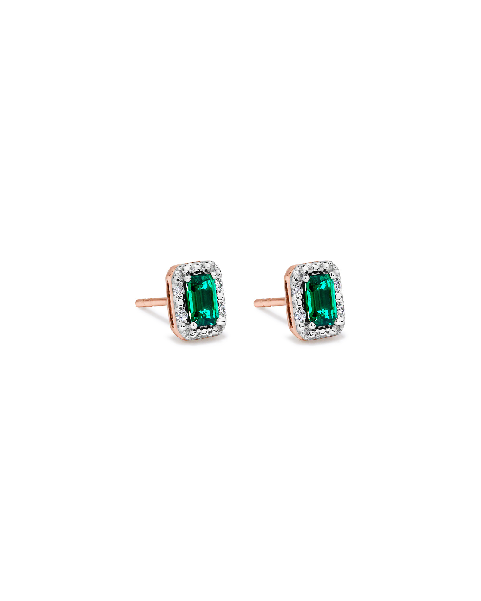 Created Emerald & 0.10 Carat TW Laboratory-Grown Diamond Halo Ring in 10kt Rose Gold and Rhodium