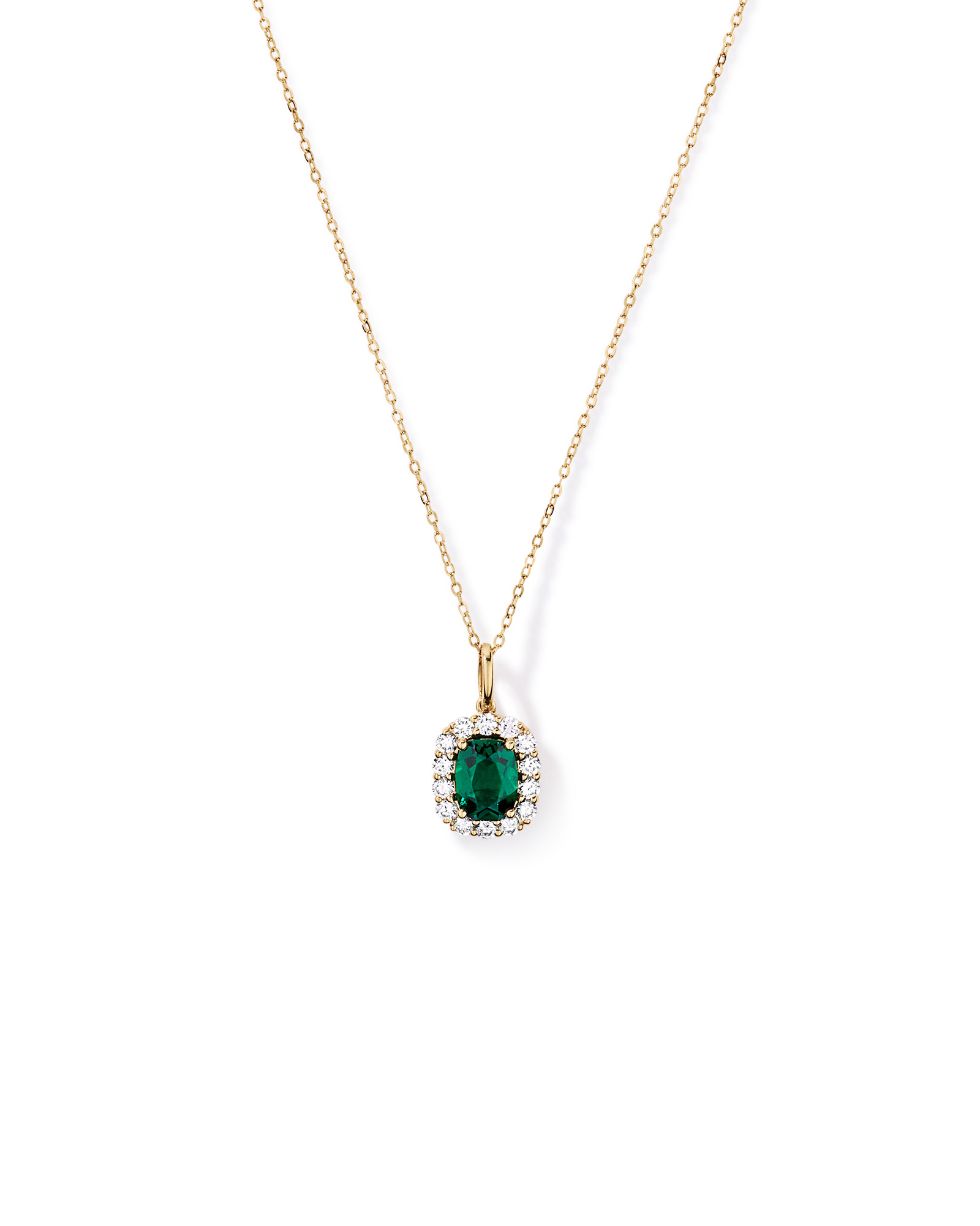 Pendentif halo en or jaune 10 carats avec émeraude de synthèse et diamants de laboratoire (poids total de 0,50 carat)