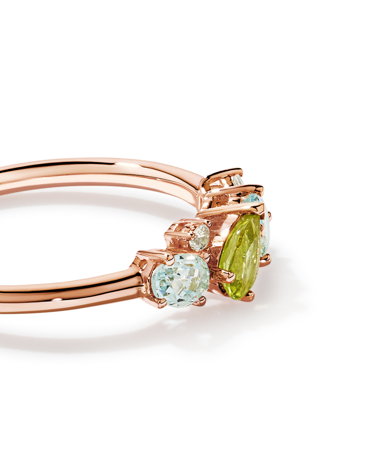 Péridot, topaze bleu ciel, améthyste verte et blanche bague multi-gemmes en or rose 10 carats