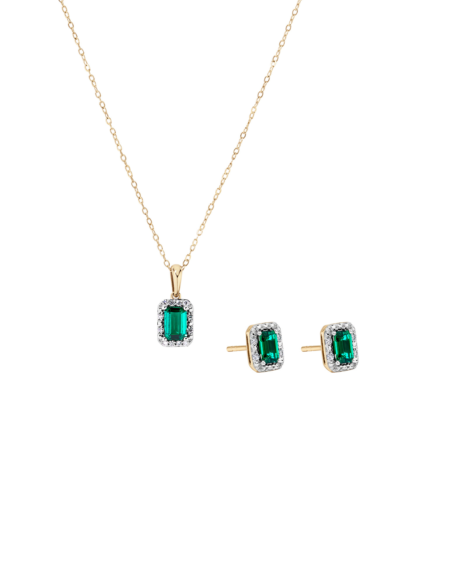 Created Emerald & 0.10 Carat TW Laboratory-Grown Diamond Halo Ring in 10kt Yellow Gold and Rhodium