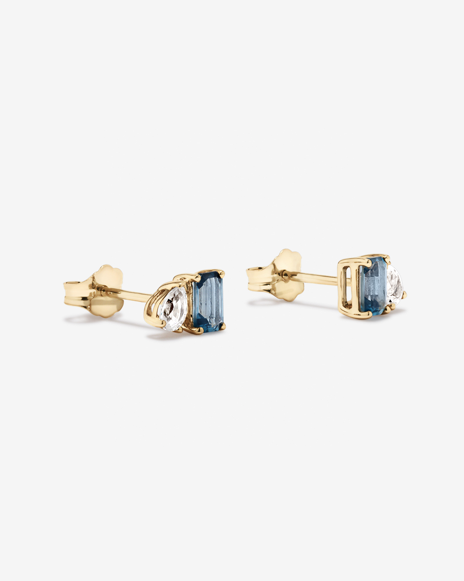 Pear-Cut White Sapphire and Emerald-Cut London Blue Topaz Toi Et Moi  Earrings in 10kt Yellow Gold