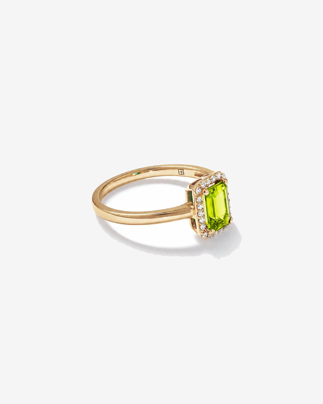 Emerald Cut Peridot and Diamond Halo Ring 10kt Yellow Gold