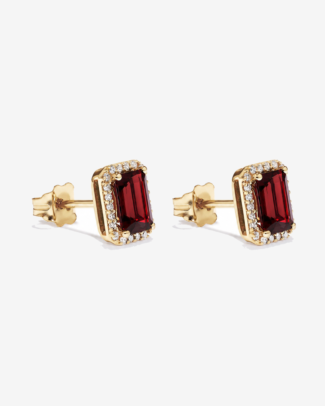 Emerald Cut Garnet and Diamond Halo Earrings in 10kt Yellow Gold