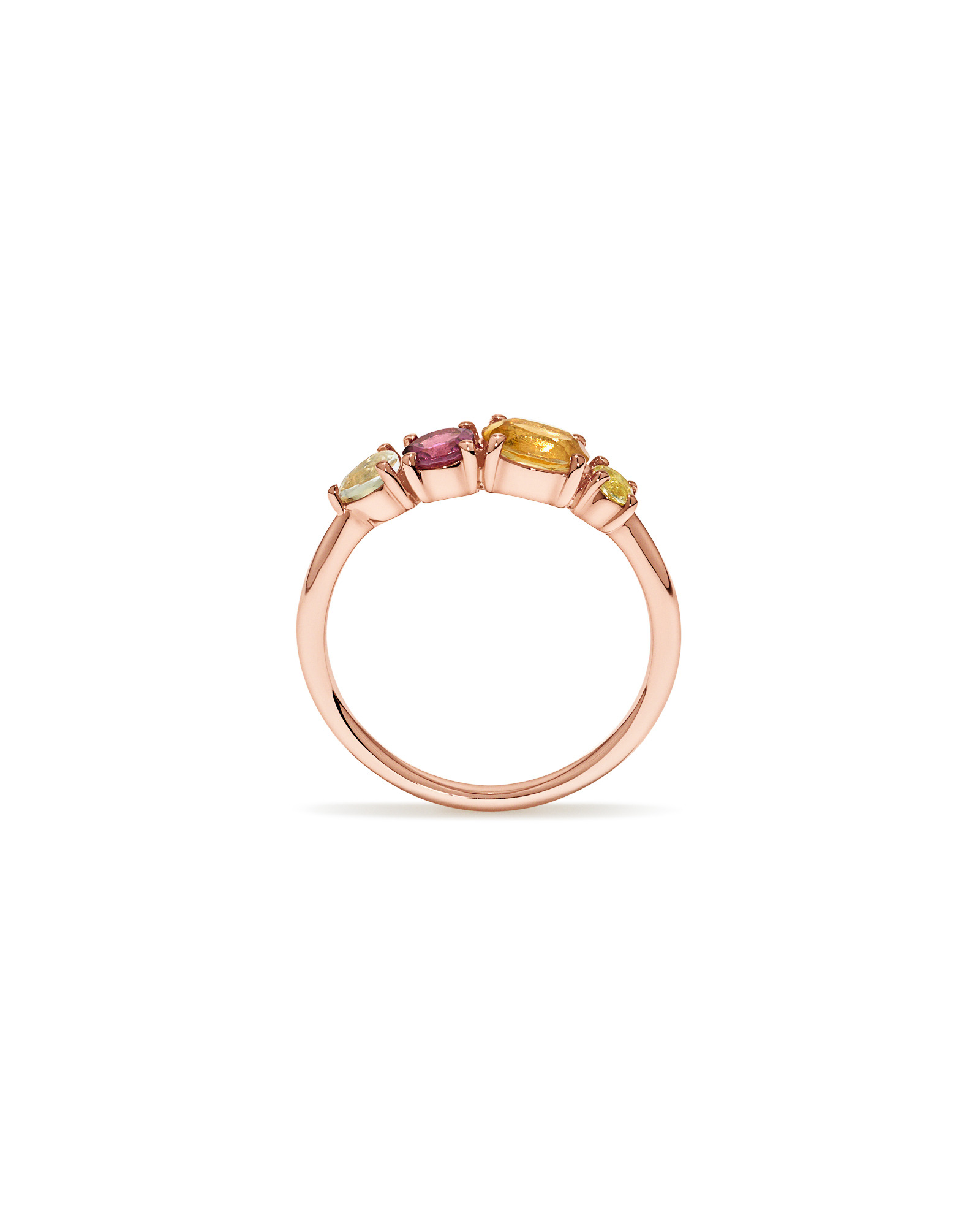Anneau multi-gemmes en améthyste verte, tourmaline rose, citrine orange et quartz citron or rose 10 carats