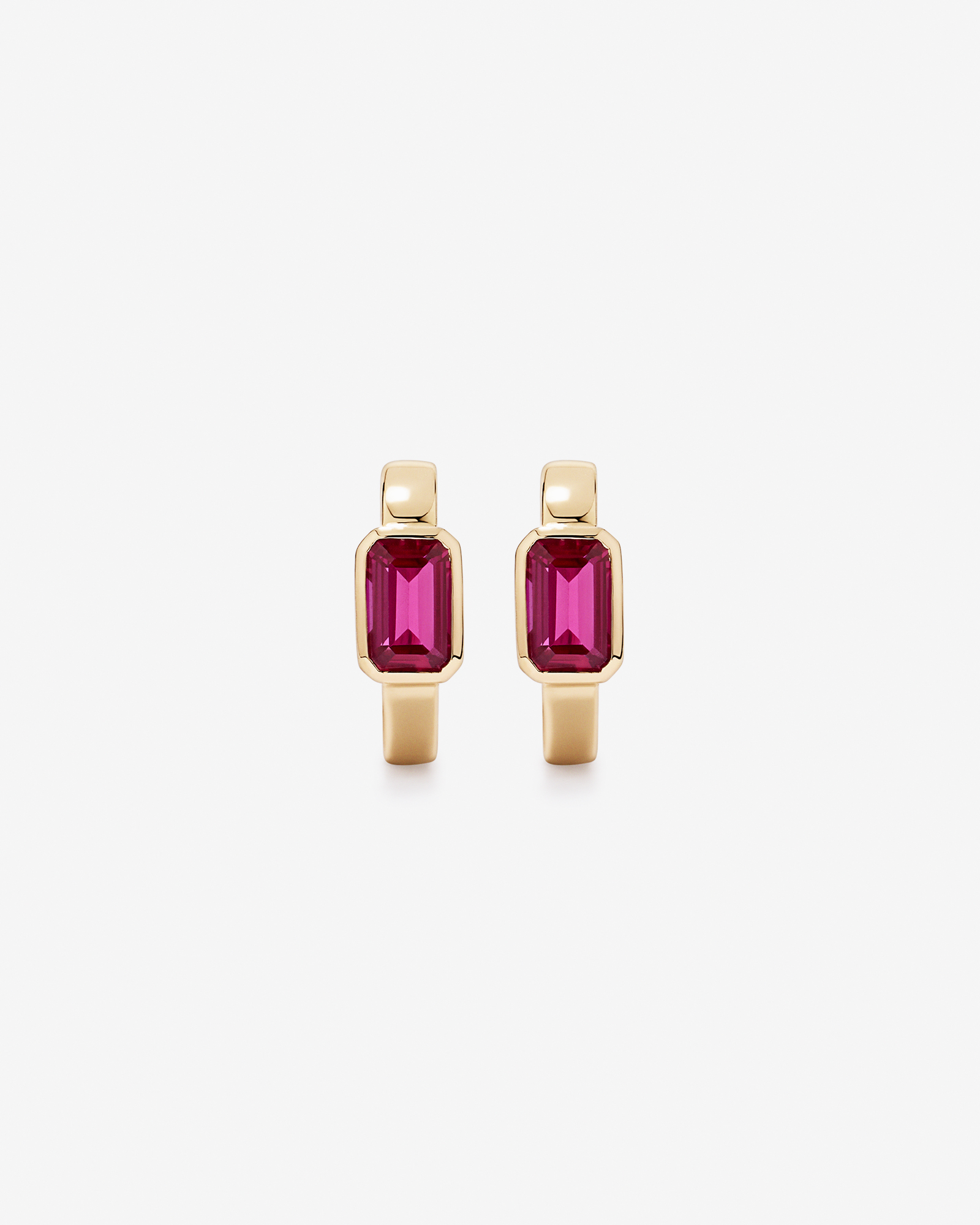 Created Ruby Bezel Huggie Earrings in 10kt Yellow Gold