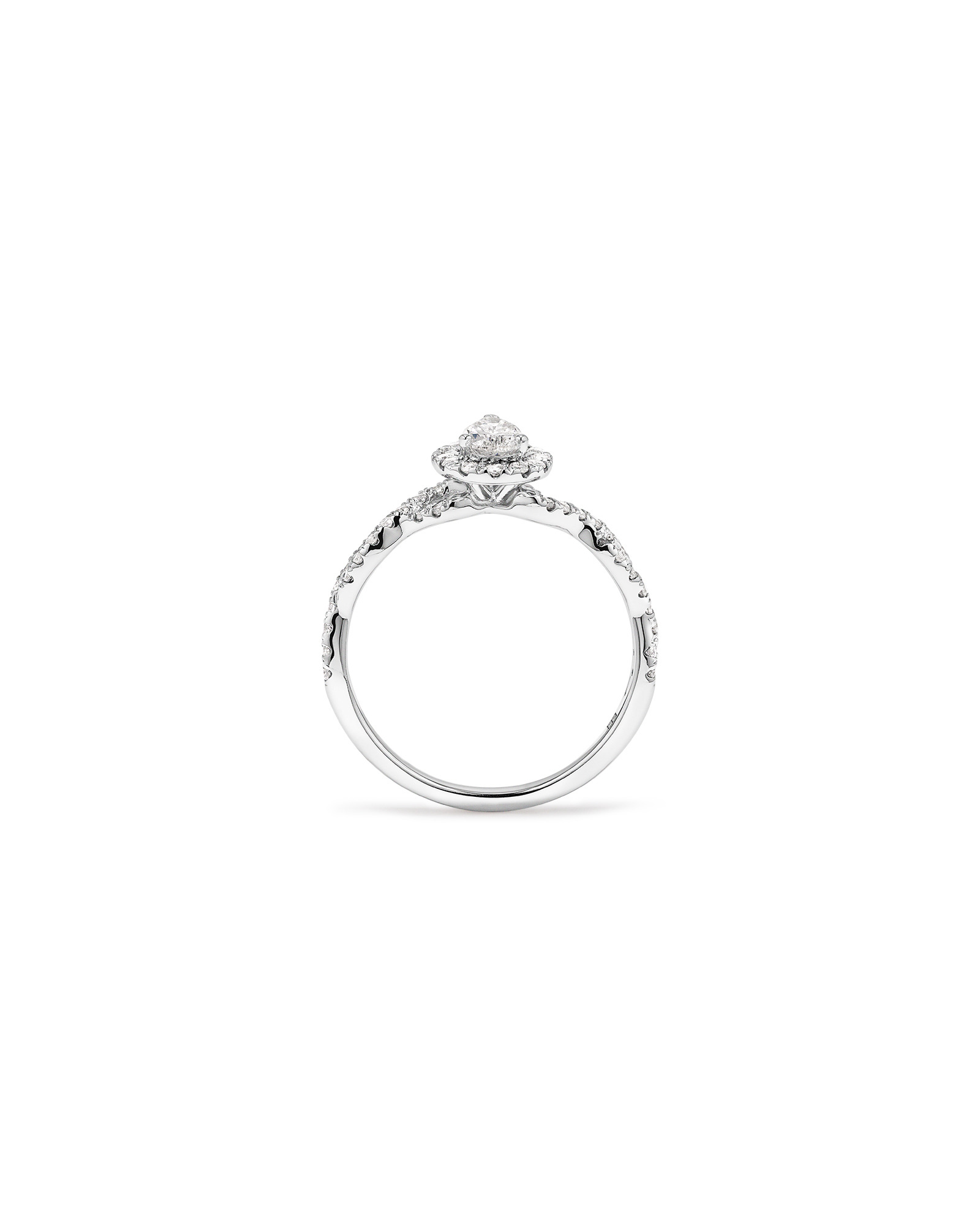 0,75 carat TW bague de fiançailles torsadée avec halo et diamant taille poire en or blanc 14 carats