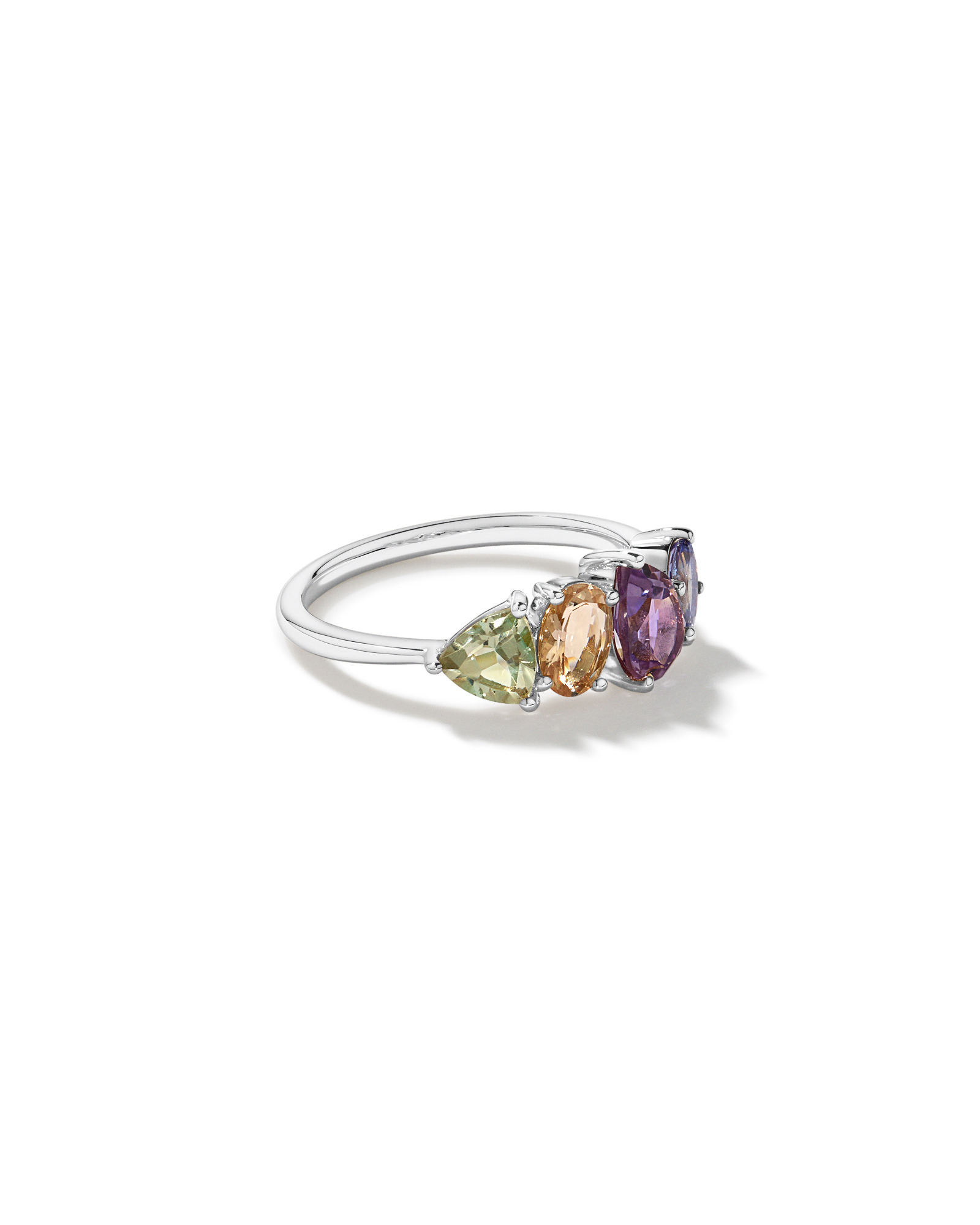 Anneau multi-gemmes en améthyste verte, morganite, rose et tanzanite or blanc 10 carats