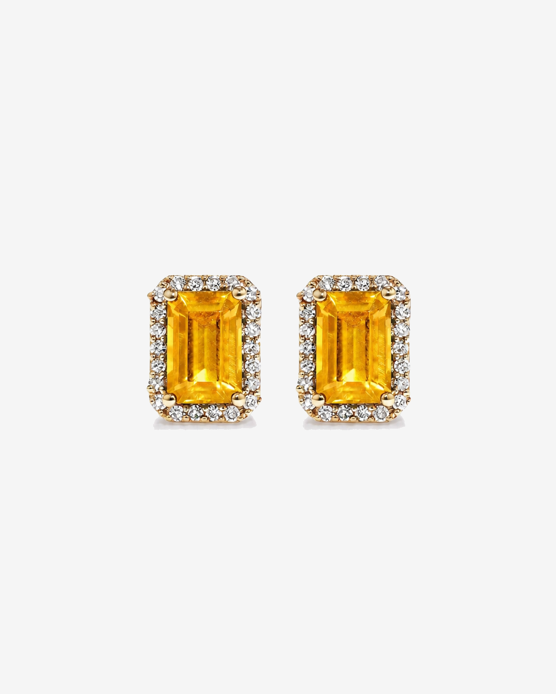 Emerald Cut Citrine and Diamond Halo Earrings in 10kt Yellow Gold