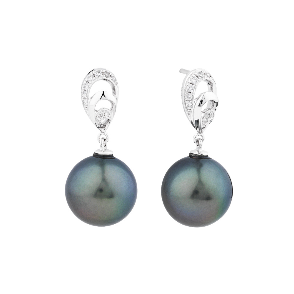 Earrings With Tahitian Pearl & Diamonds In 14kt White Gold