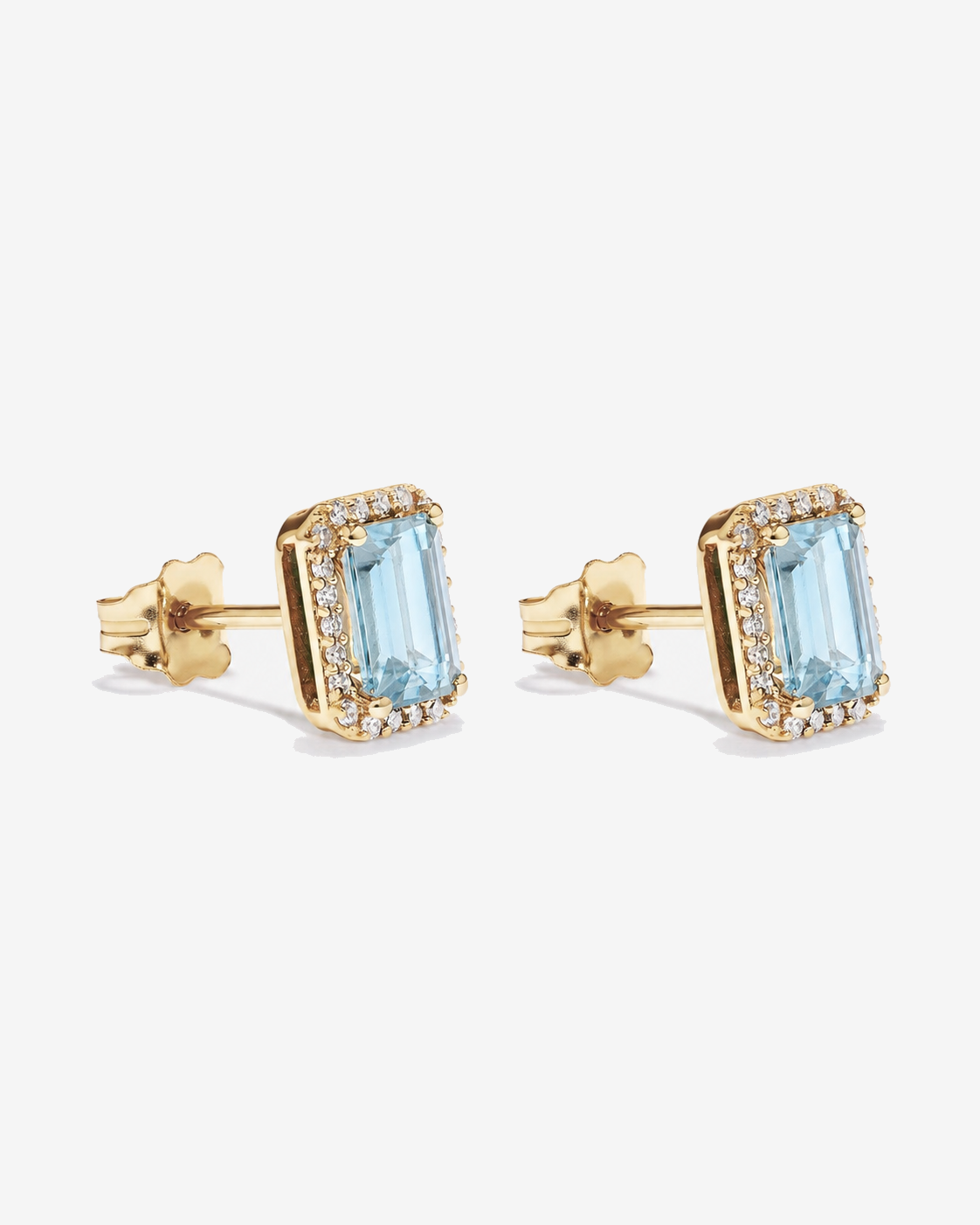Emerald Cut Aquamarine and Diamond Halo Earrings in 10kt Yellow Gold
