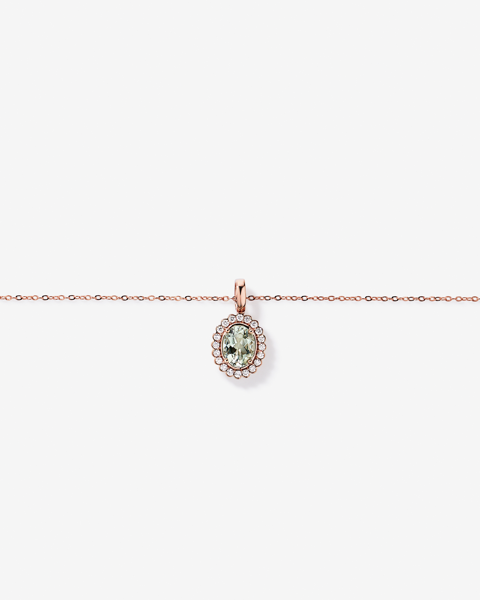 Green Amethyst & 0.20TW of Diamond Halo Pendant with Chain in 10kt Rose Gold